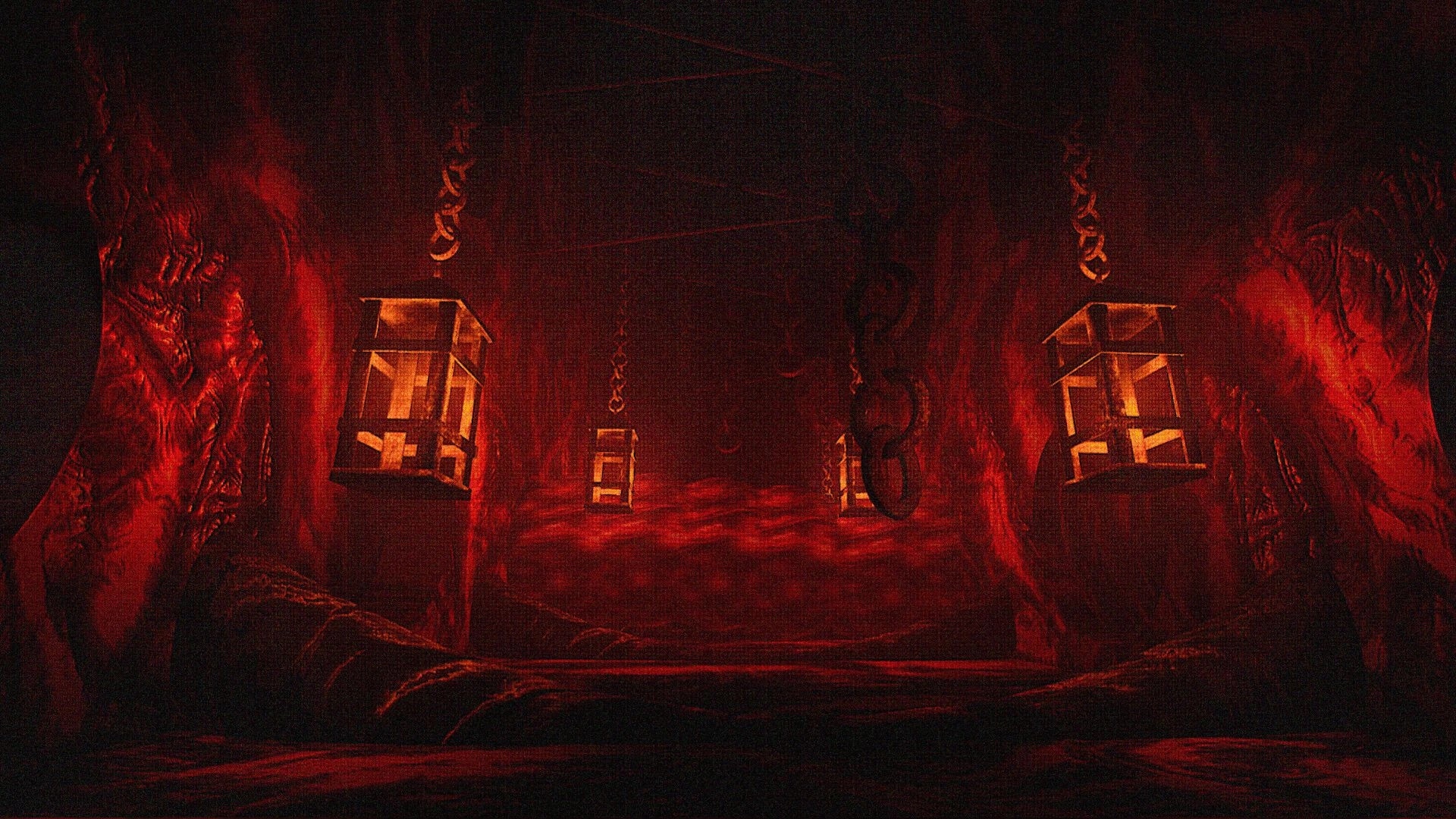 NEVER LOOK BACK: View down a red, fleshy corridor with hanging lanterns and thick chains overhead.