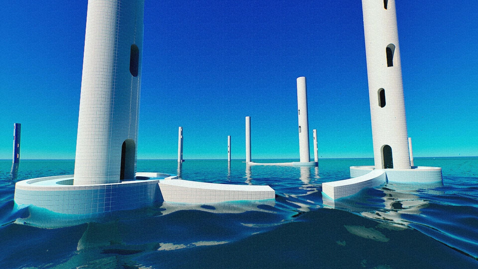 NEVER LOOK BACK: White tiled towers rise from calm ocean water under clear blue sky, no UI visible.