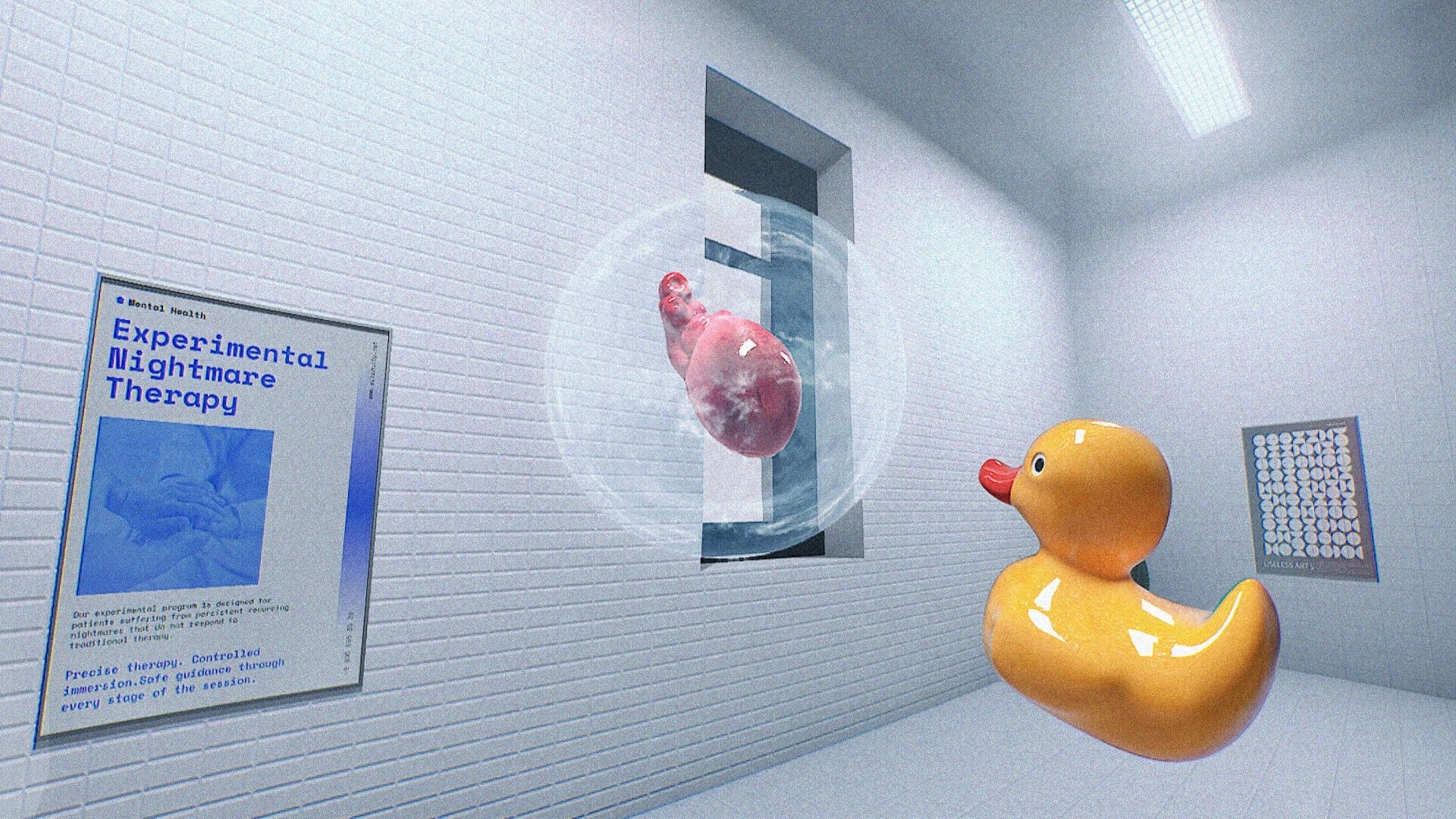 NEVER LOOK BACK: Giant rubber duck faces a floating heart in a white tiled therapy hallway with posters.