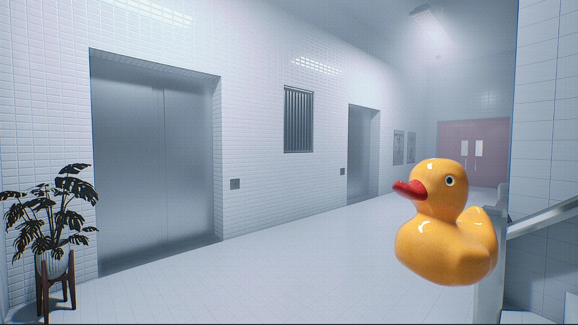 NEVER LOOK BACK: Holding a rubber duck in a sterile tiled hallway with elevator doors and pink exit doors.
