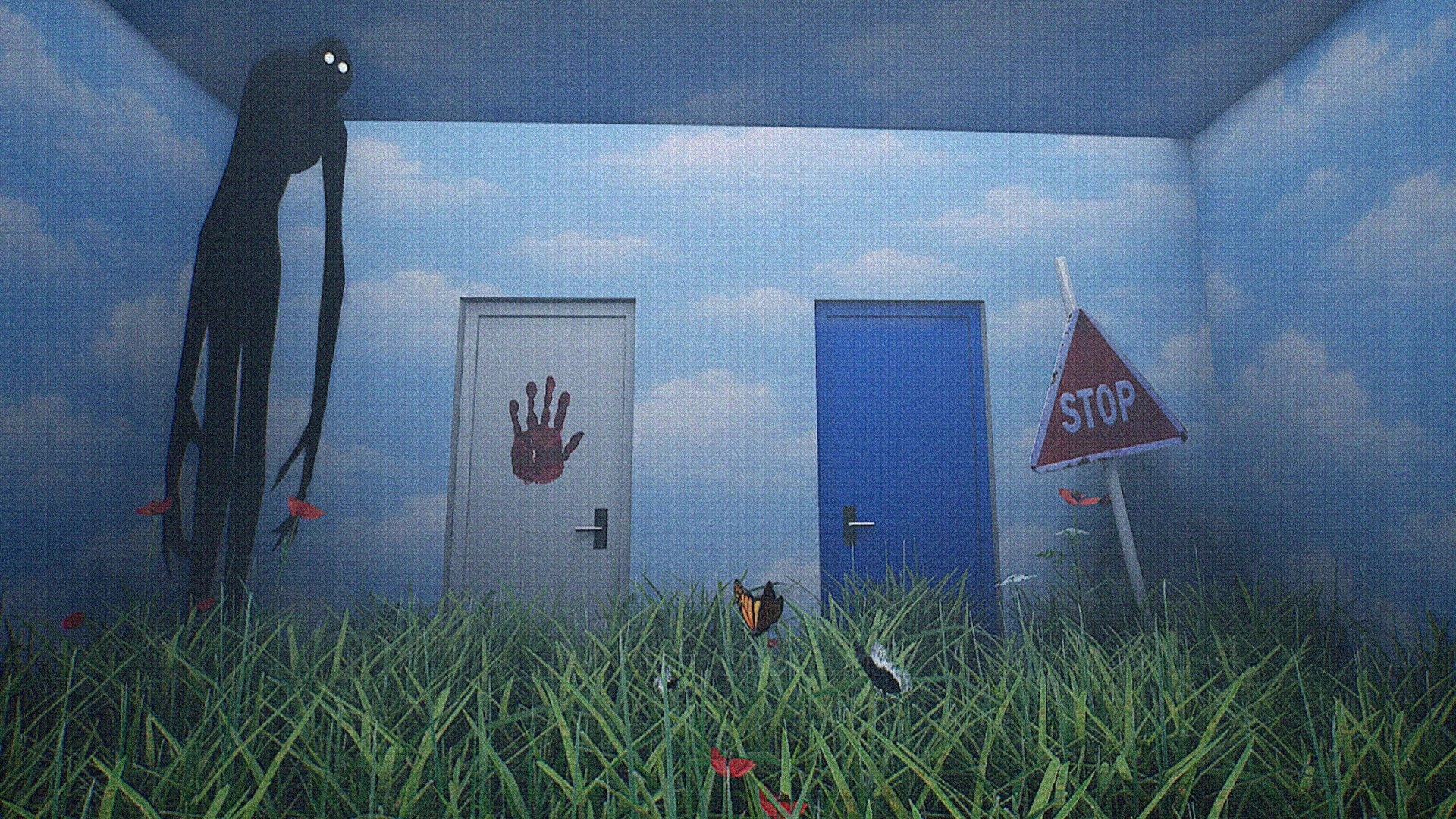 NEVER LOOK BACK: Tall shadow figure watches two doors in grassy room, STOP sign leaning nearby.