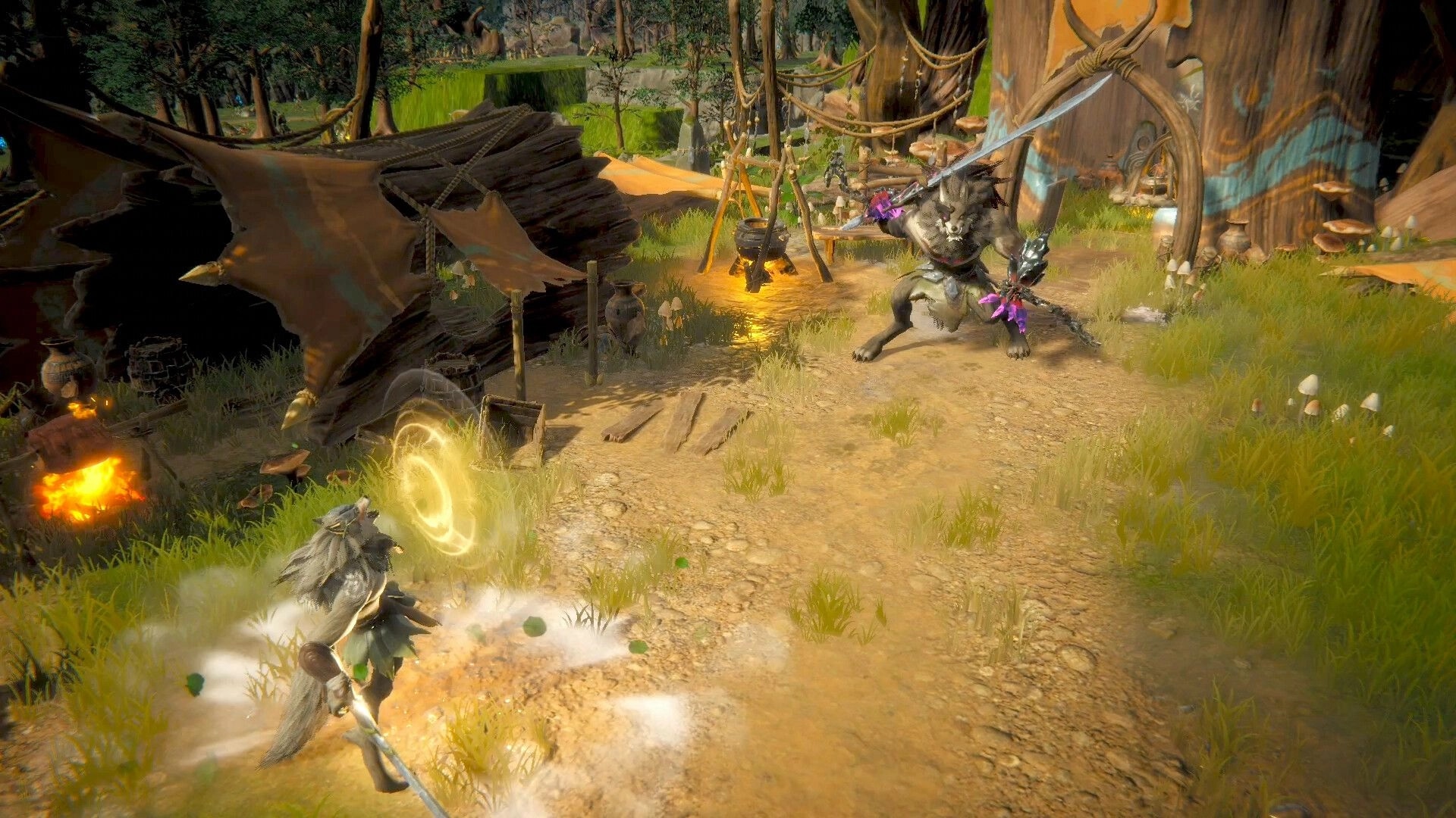 Never Wither: Wolf warrior clashes with armored beast, camp tents and cooking fire in forest clearing.