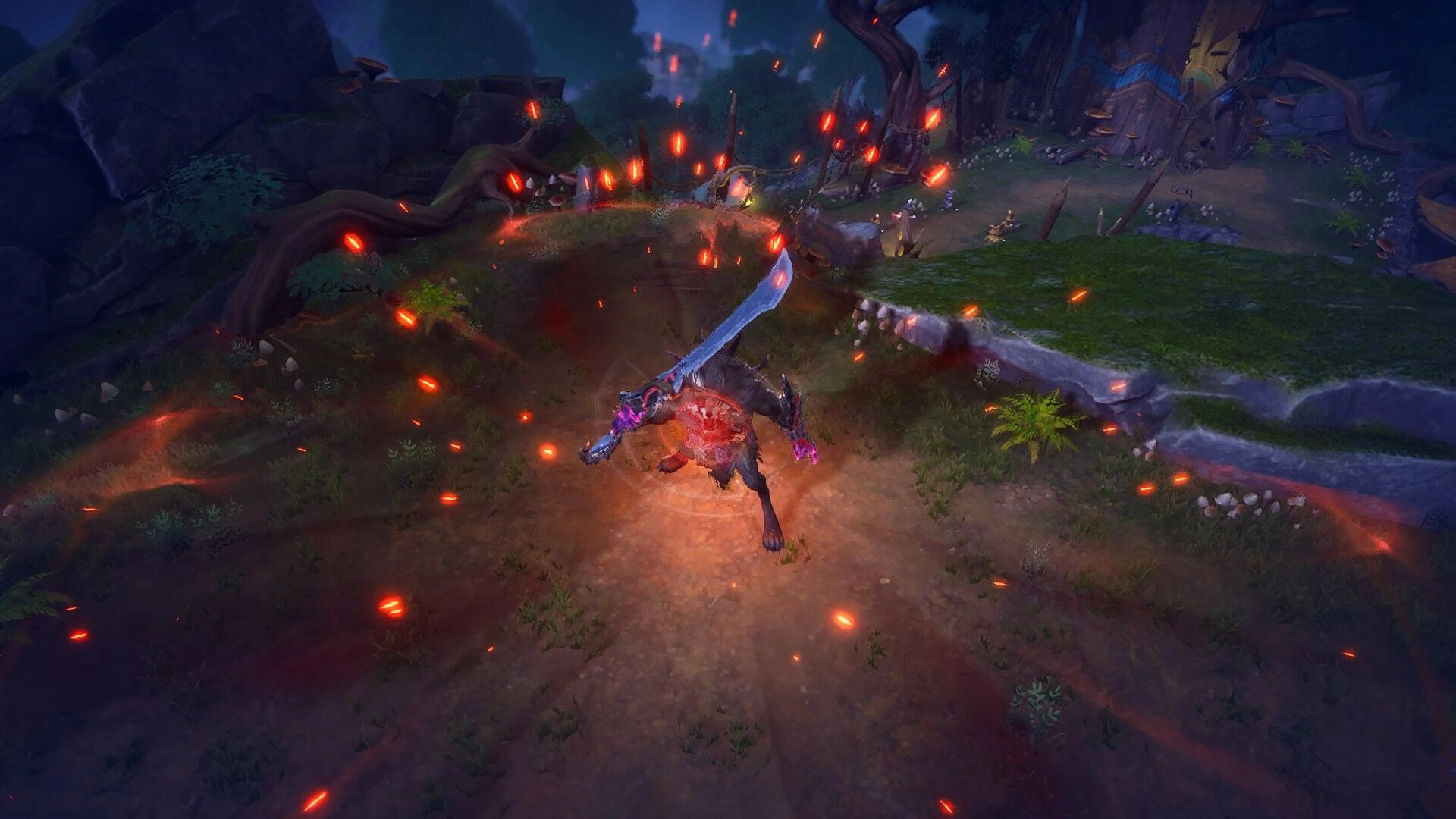 Never Wither: Wolf-like warrior swings glowing greatsword amid embers on a forest path at night.