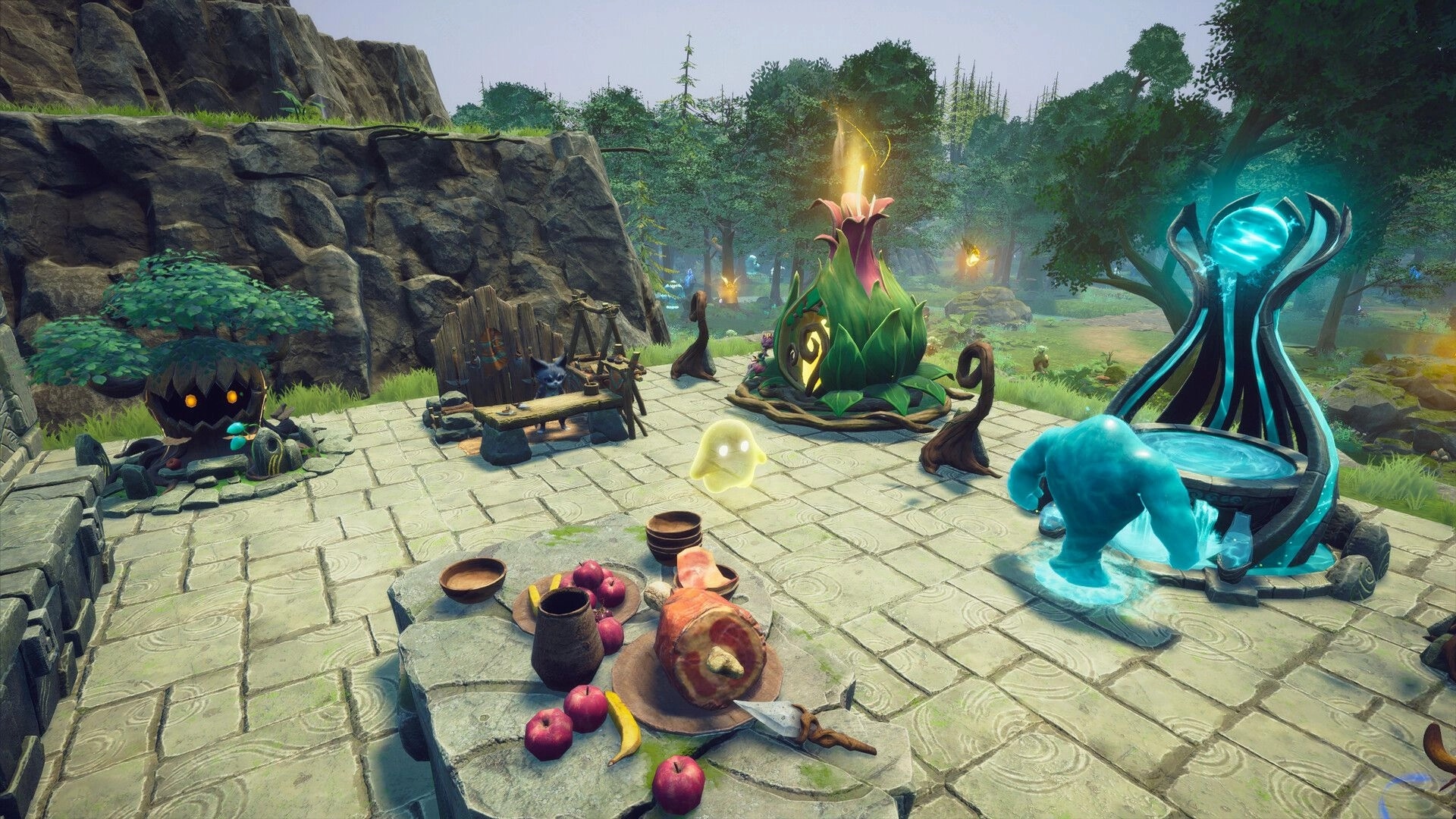 Never Wither: Creature camp with food table, glowing plant shrine and portal on forest stone terrace.
