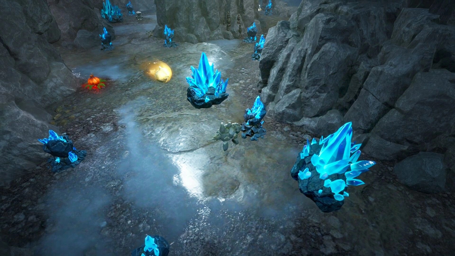 Never Wither: Small stone creature explores a rocky cave path lined with glowing blue crystals.