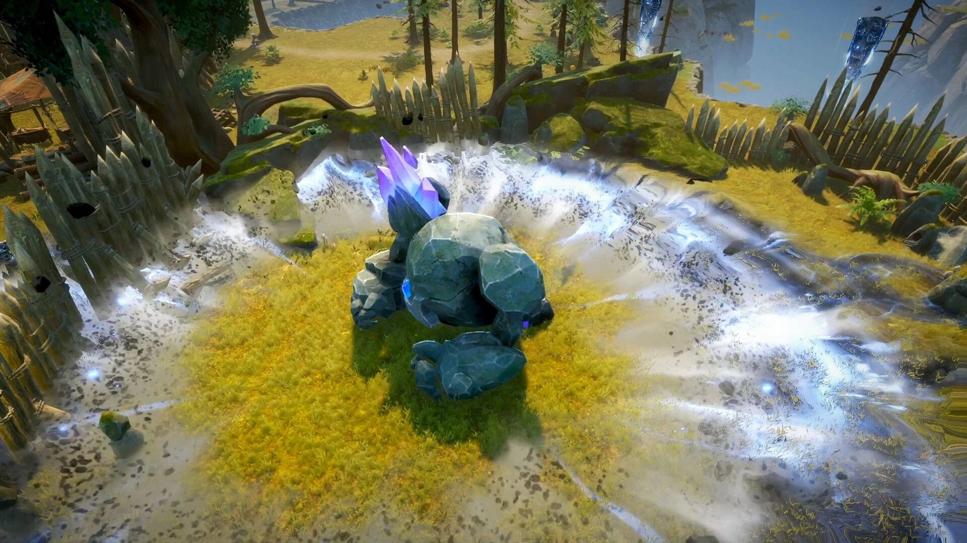 Never Wither: Stone golem beside glowing purple crystal, white corruption spreading in grassy palisade camp.