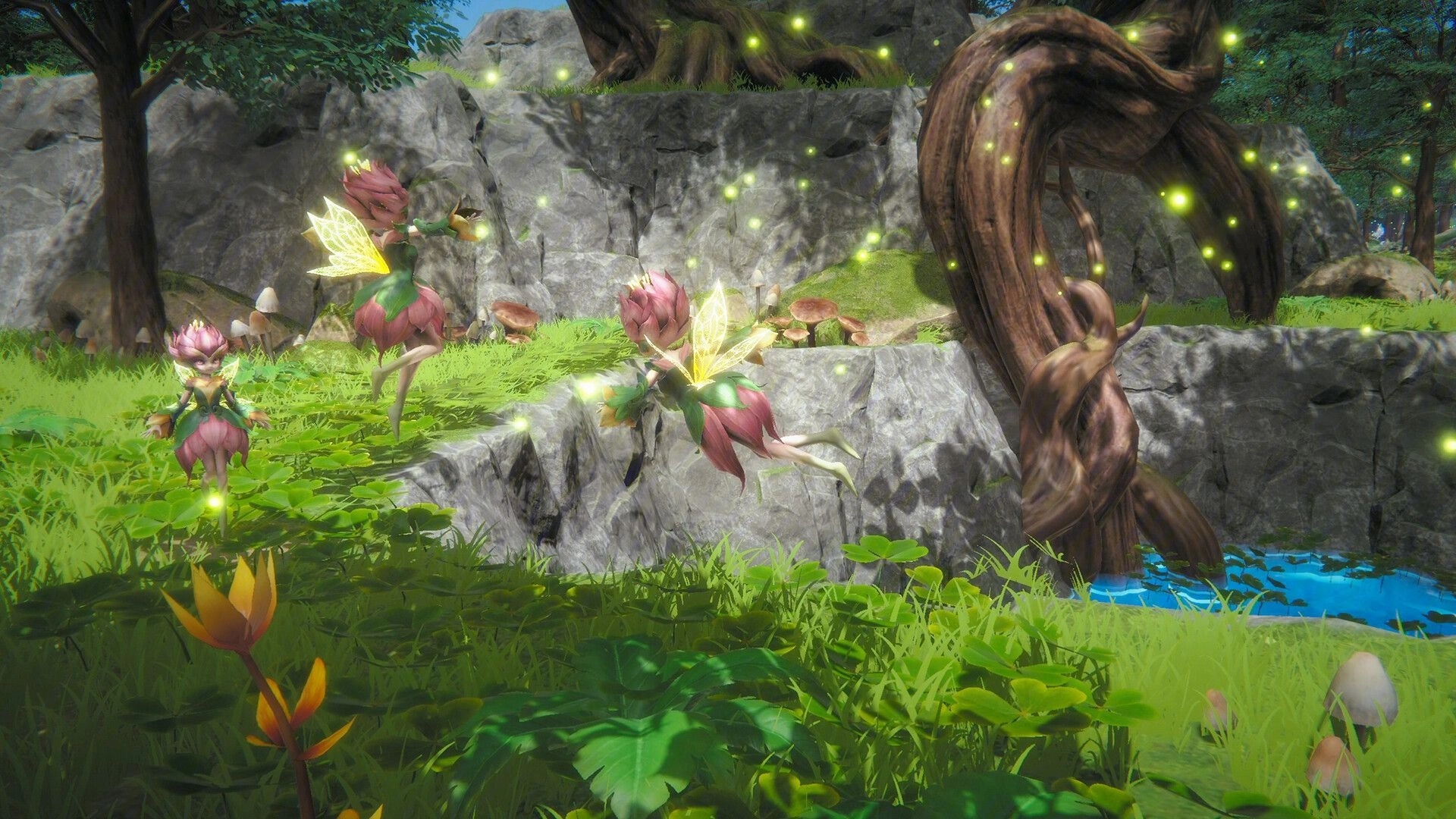 Never Wither: Three glowing flower fairies hover by rocky cliffs, twisted vine, and pond edge.