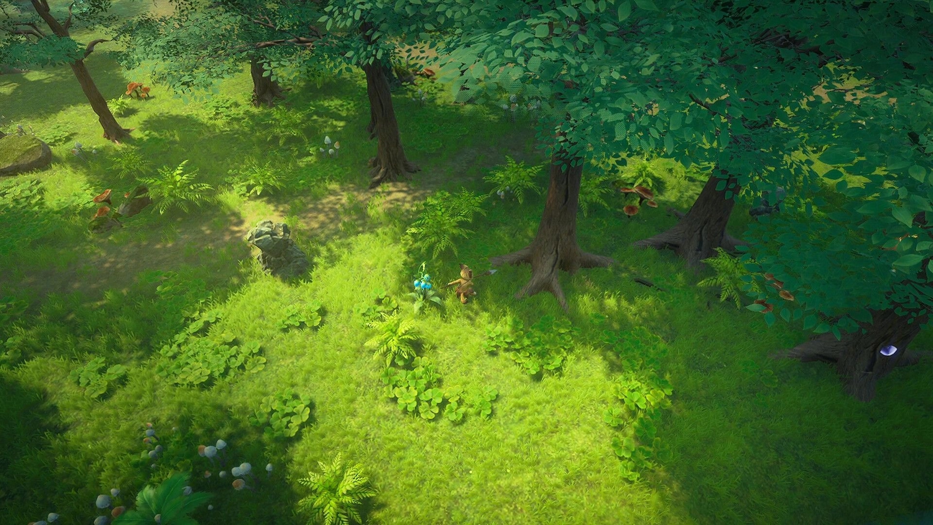 Never Wither: Small adventurer beside a blue creature in a sunlit forest clearing with trees.