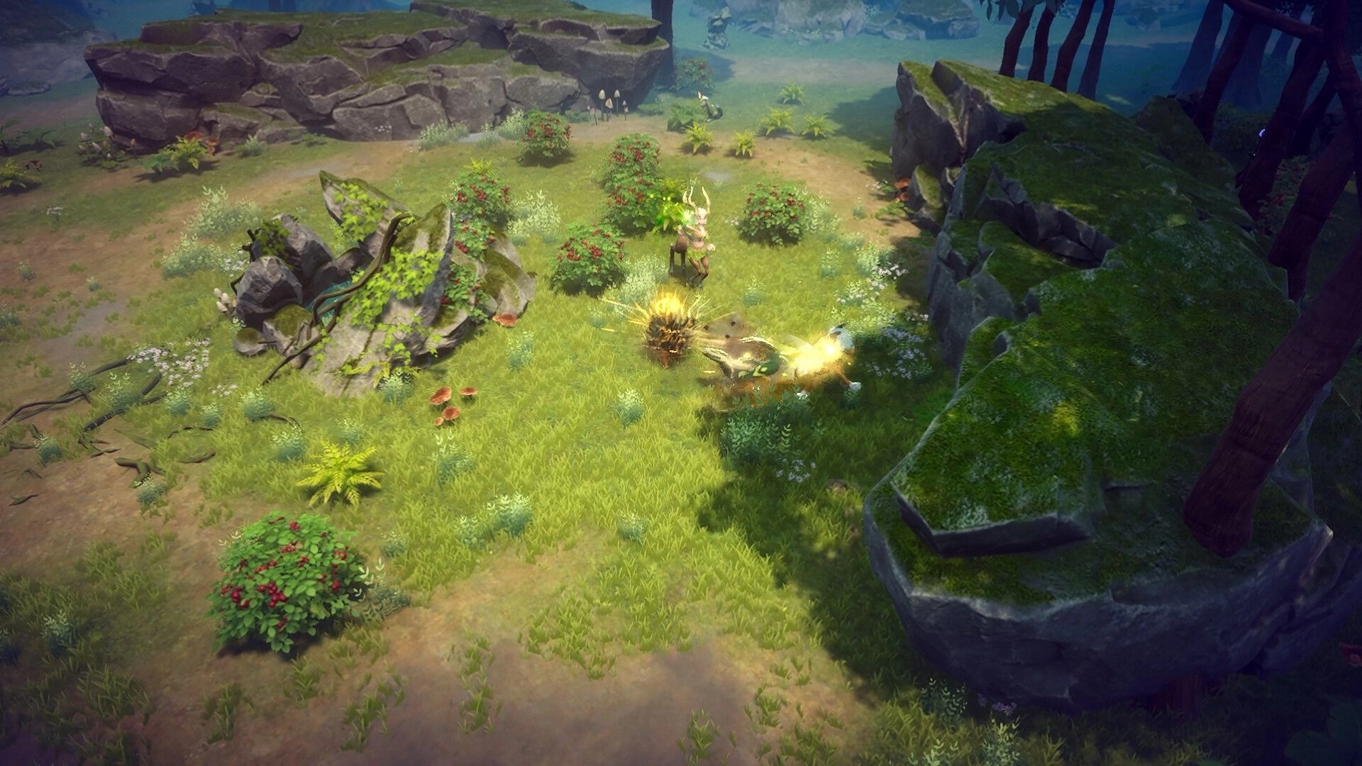 Never Wither: Deer-like creature and glowing companion in a grassy clearing with rocks and berry bushes.