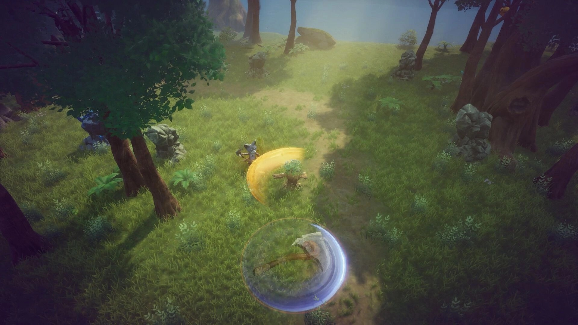 Never Wither: Two creatures trading melee swings with arc effects on a grassy forest path.