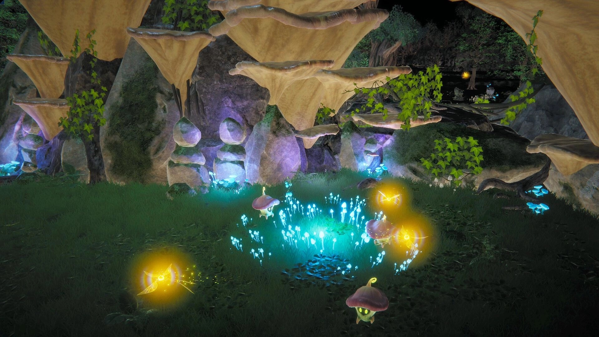 Never Wither: Glowing mushroom creatures and fireflies in a bioluminescent cave garden with stone faces.