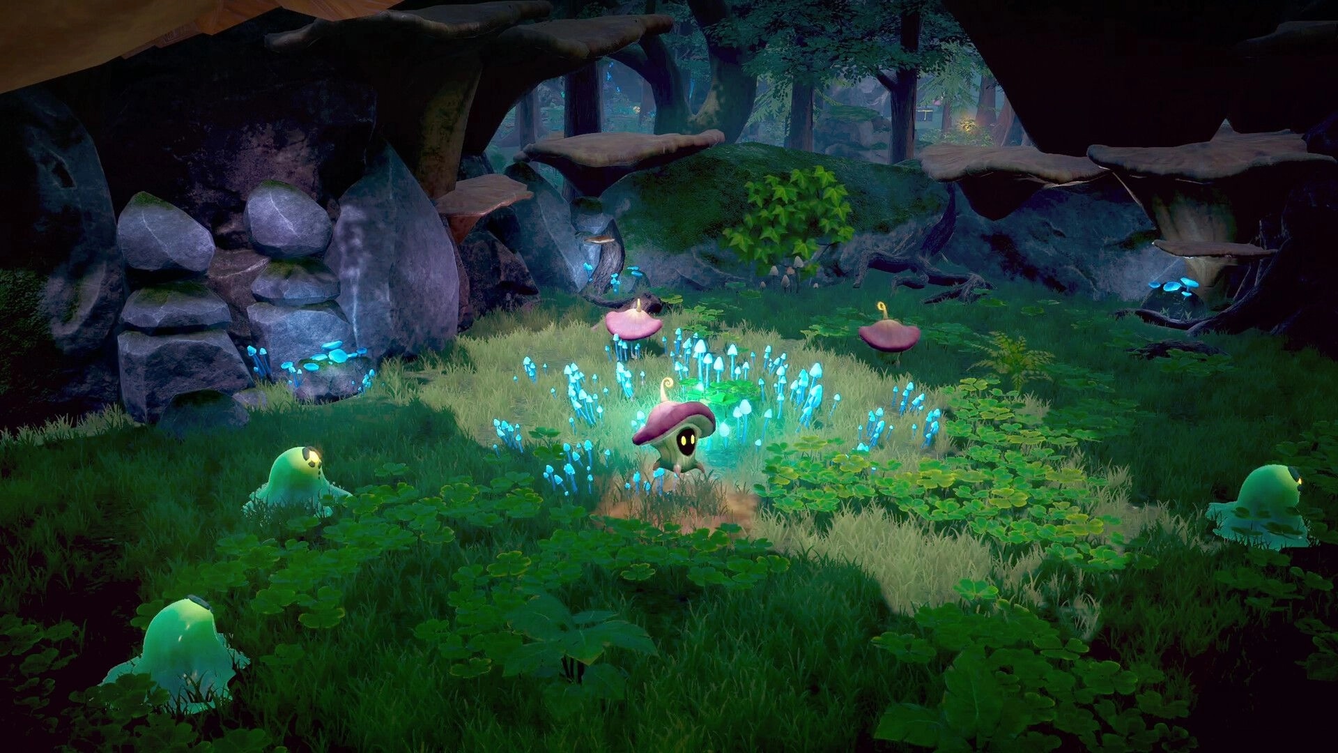 Never Wither: Mushroom-capped creature amid glowing blue sprouts in a forest clearing with slimes nearby.