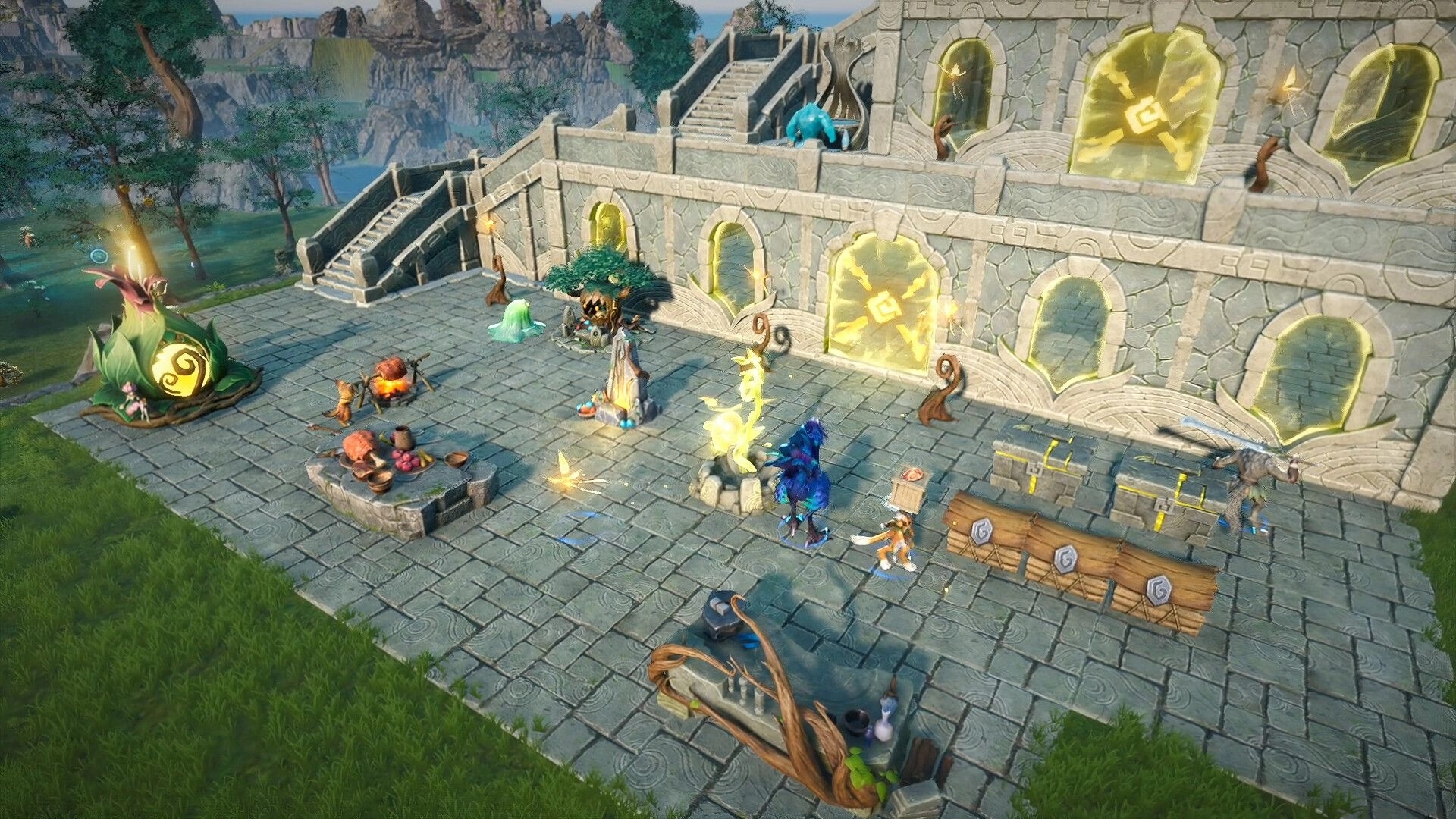 Never Wither: Creatures gathered near glowing rune doors on a stone terrace outside a fortress base.