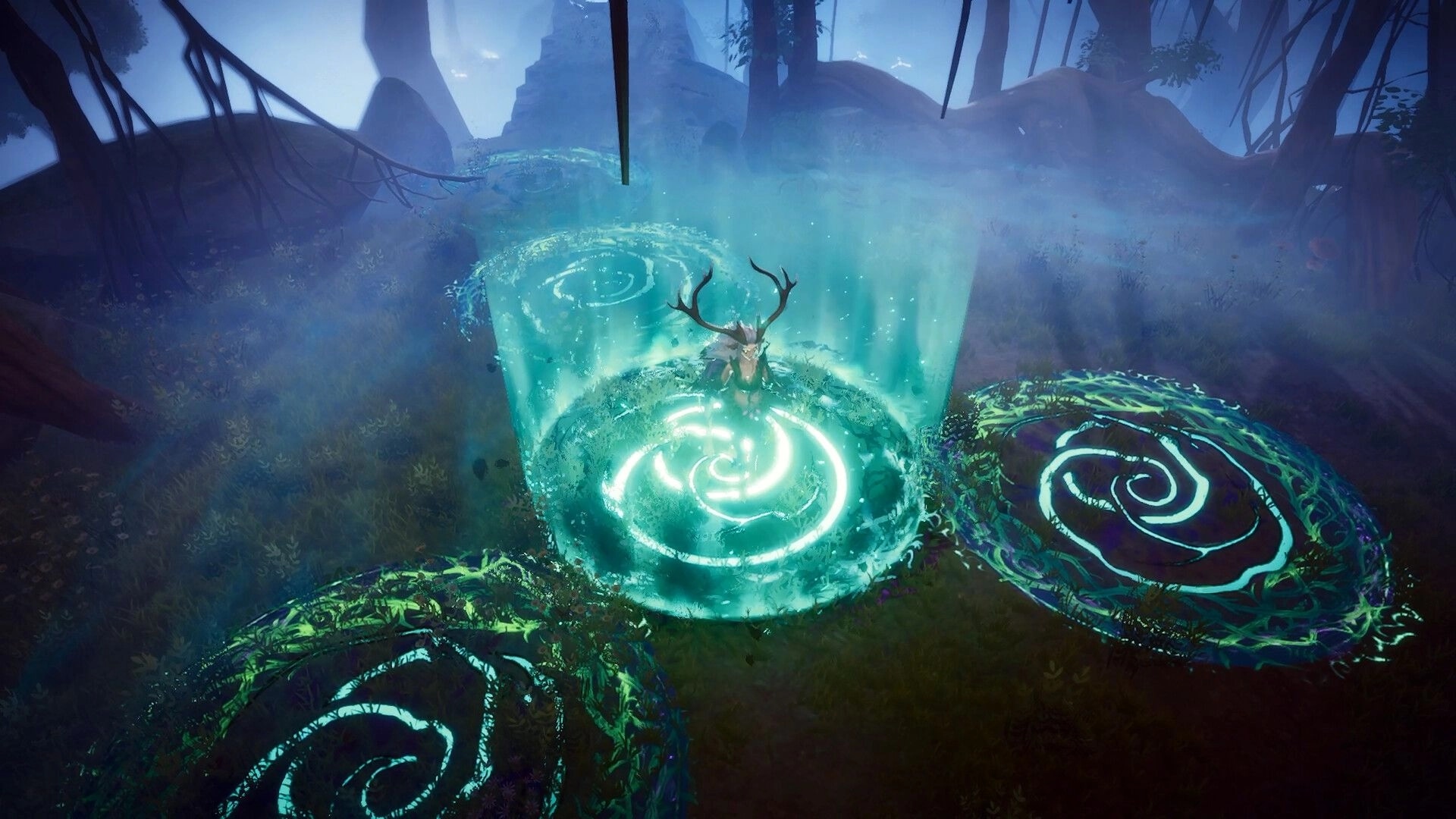 Never Wither: Antlered creature stands in glowing teal magic circle in a misty forest clearing.