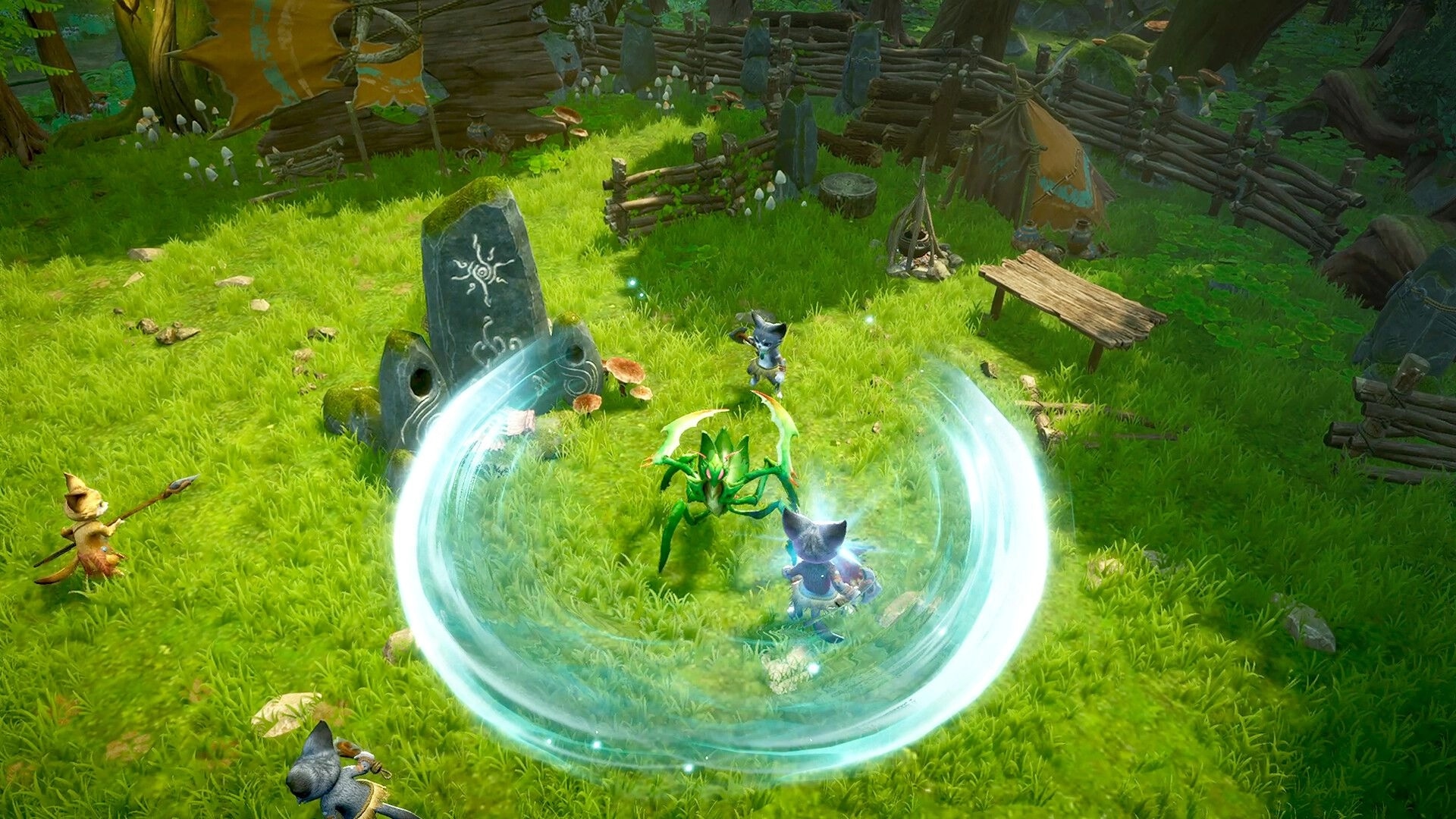 Never Wither: Player and allies battle a green insect creature in a grassy camp with tents and stones.