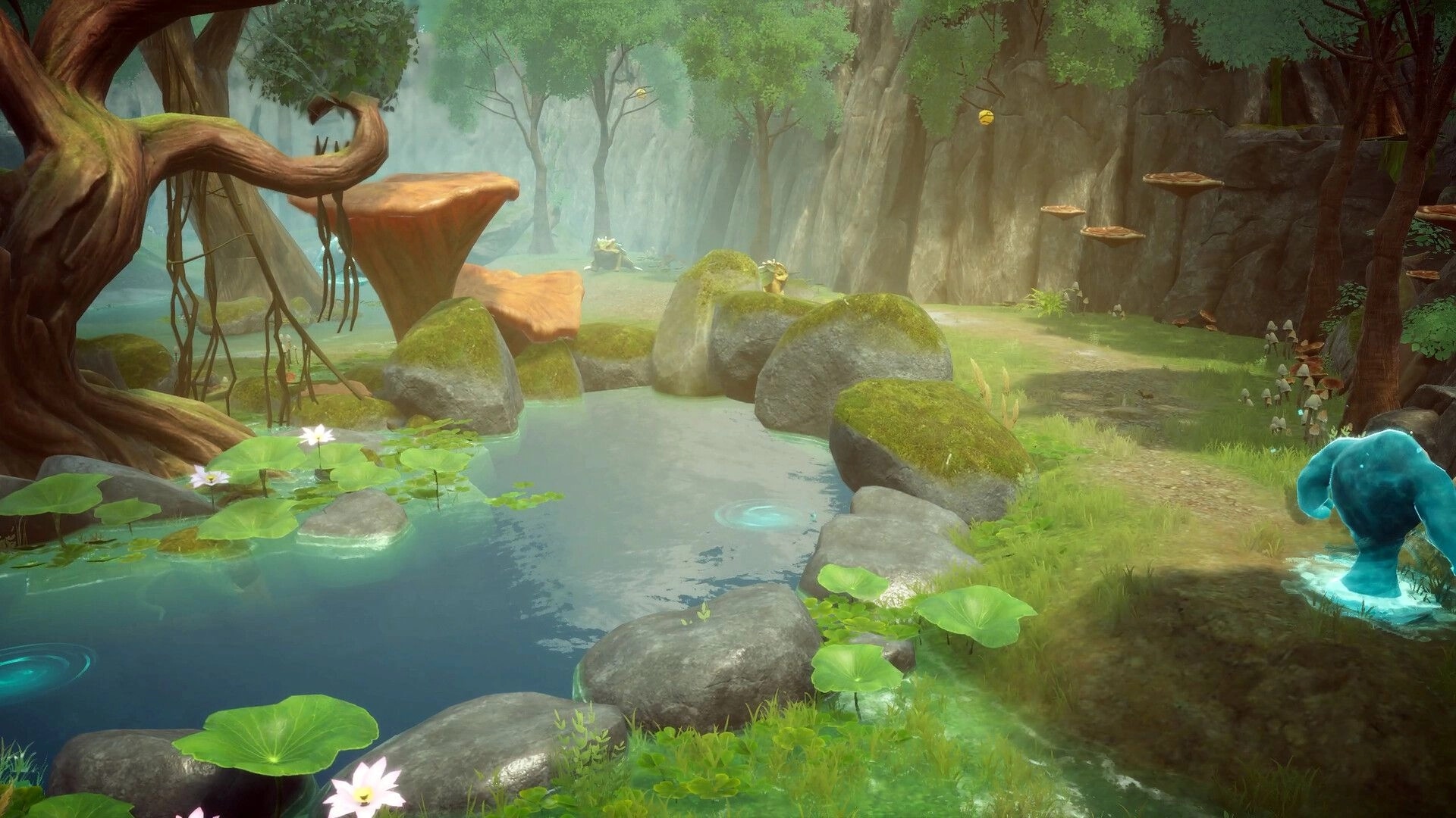 Never Wither: Misty forest pond with lily pads, mossy boulders, and a glowing blue creature by shore.