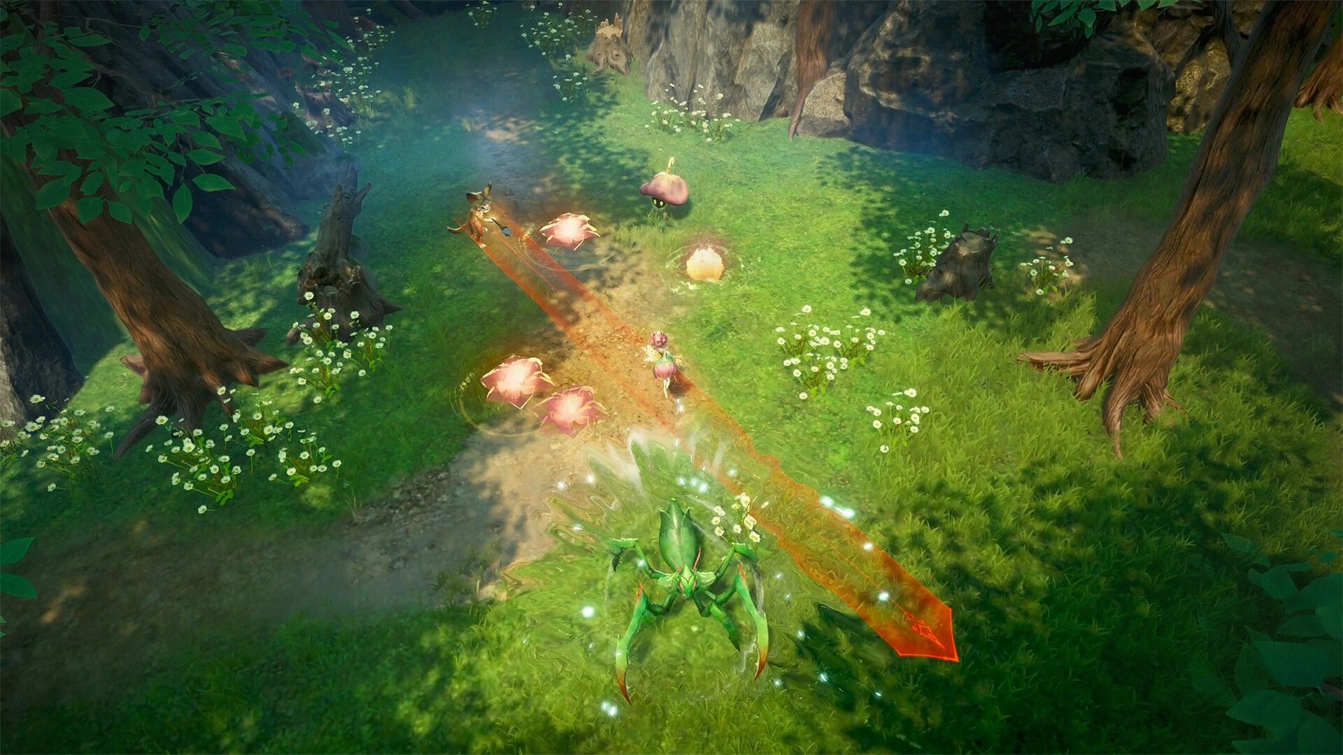 Never Wither: Player aims a long orange attack cone at creatures in a grassy forest clearing.