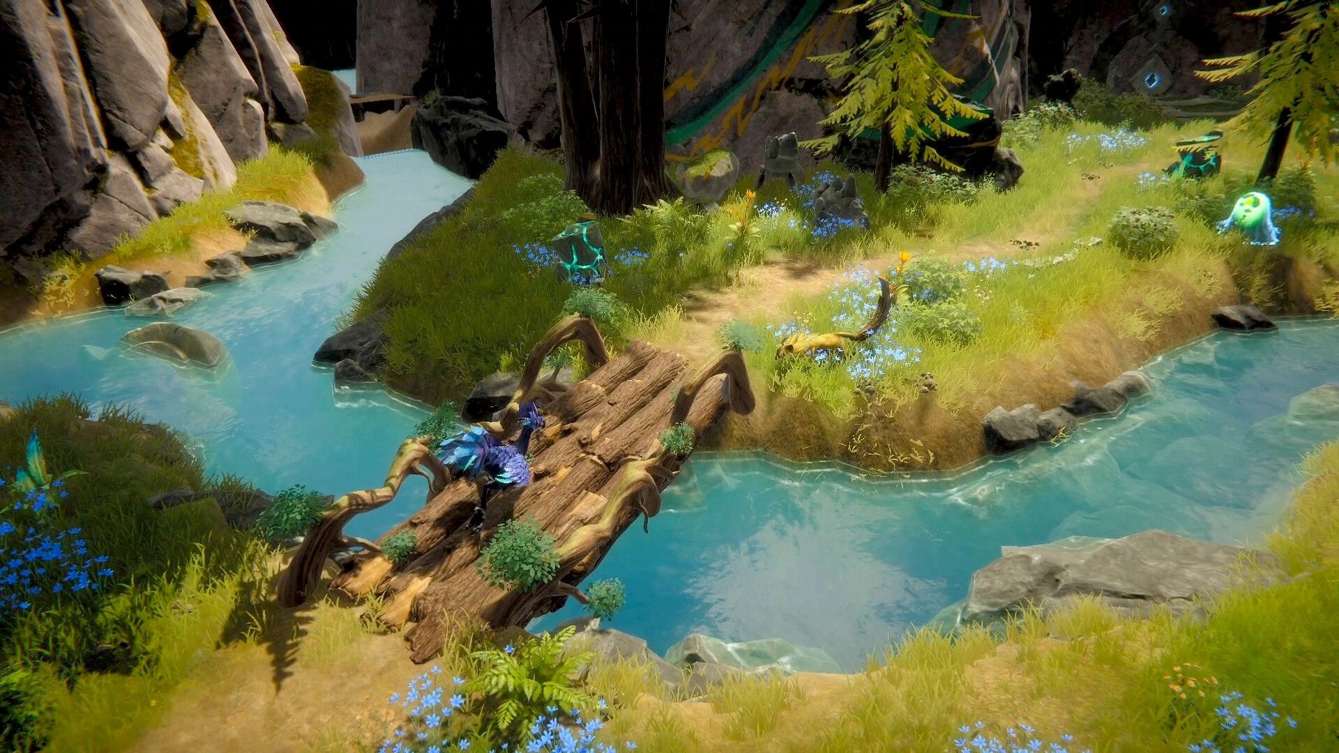 Never Wither: Blue birdlike creature on a log bridge over river beside grassy cliff and ruins.