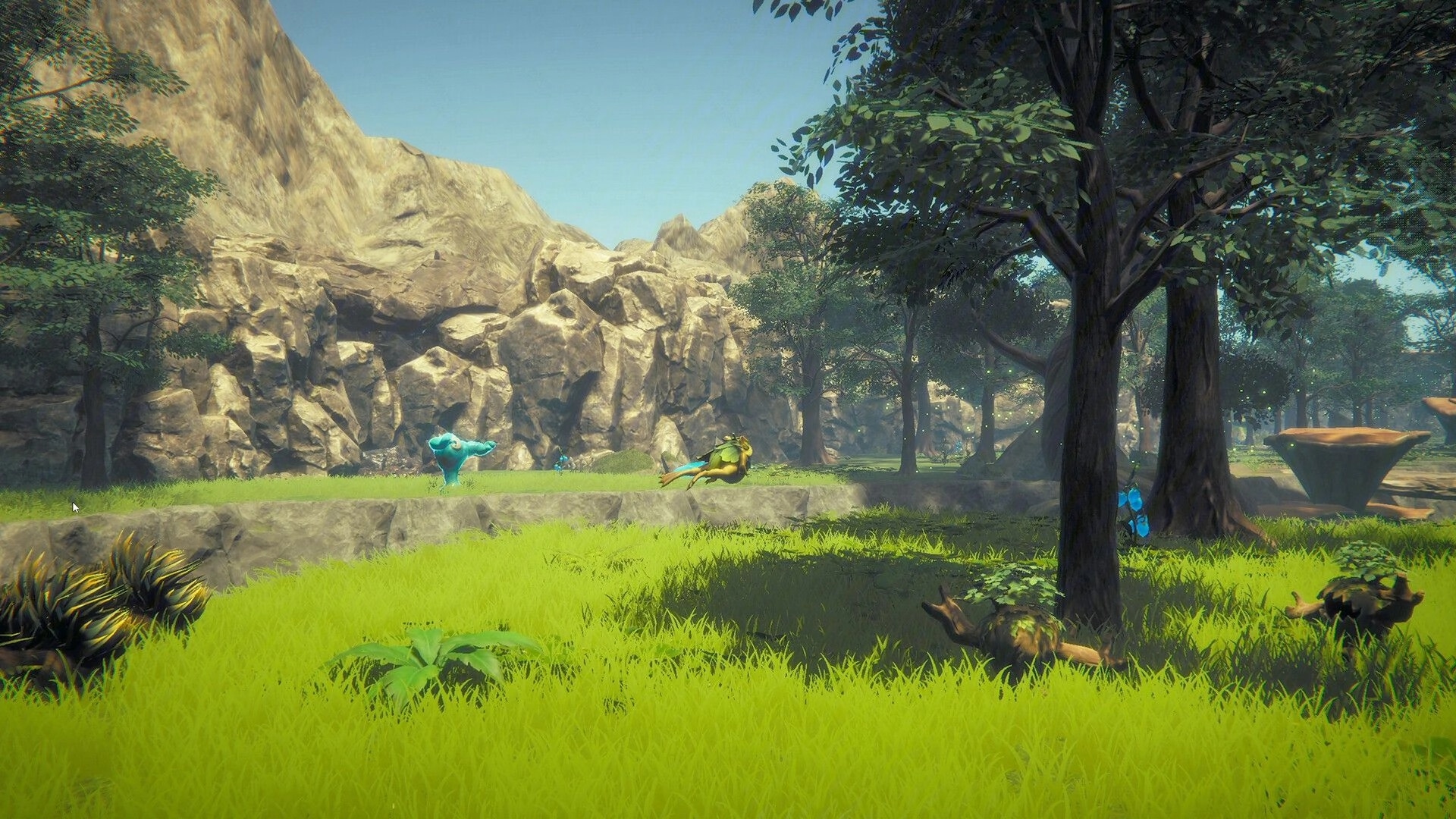 Never Wither: Small creatures roaming grassy clearing beside rocky cliffs and trees in daylight forest.