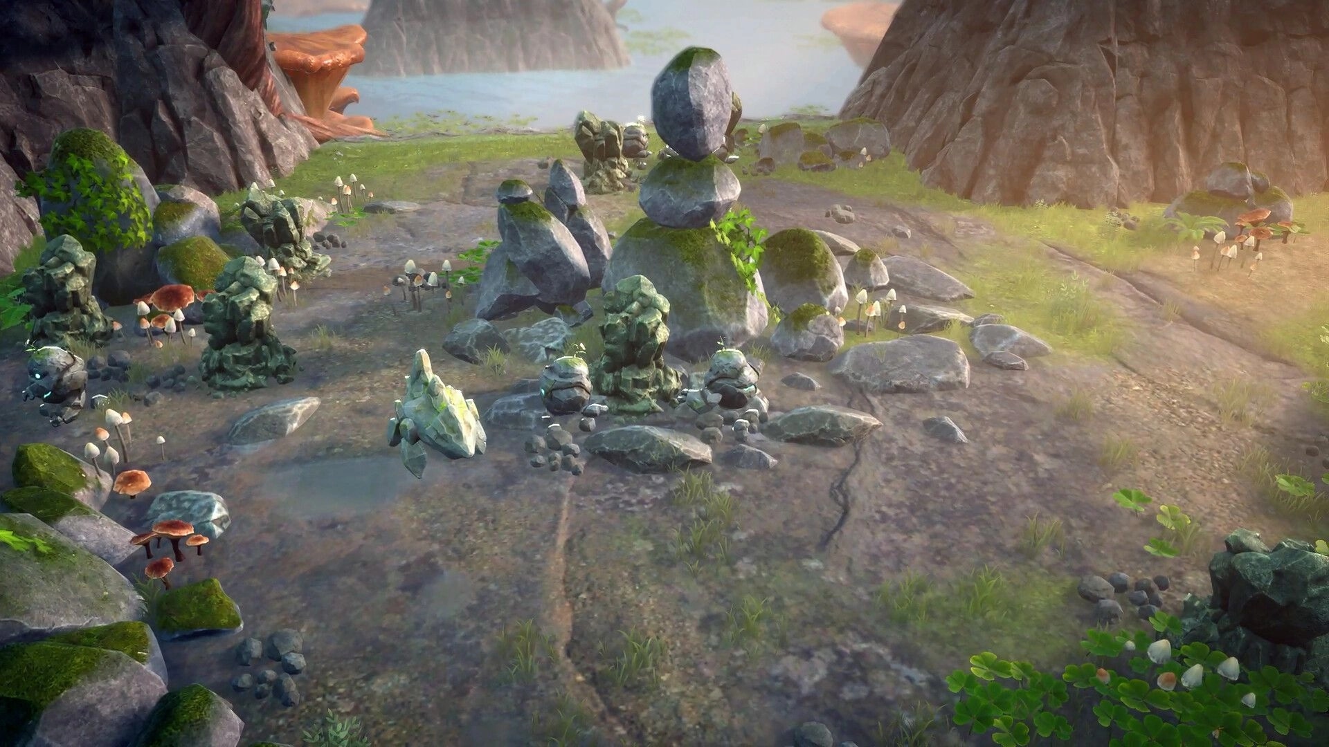 Never Wither: Stone creatures and crystals gathered by a pond in a rocky valley with mushrooms and moss.