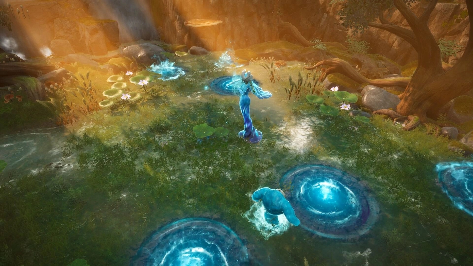 Never Wither: Blue water spirit casting magic in a sunlit pond with lily pads and glowing pools.