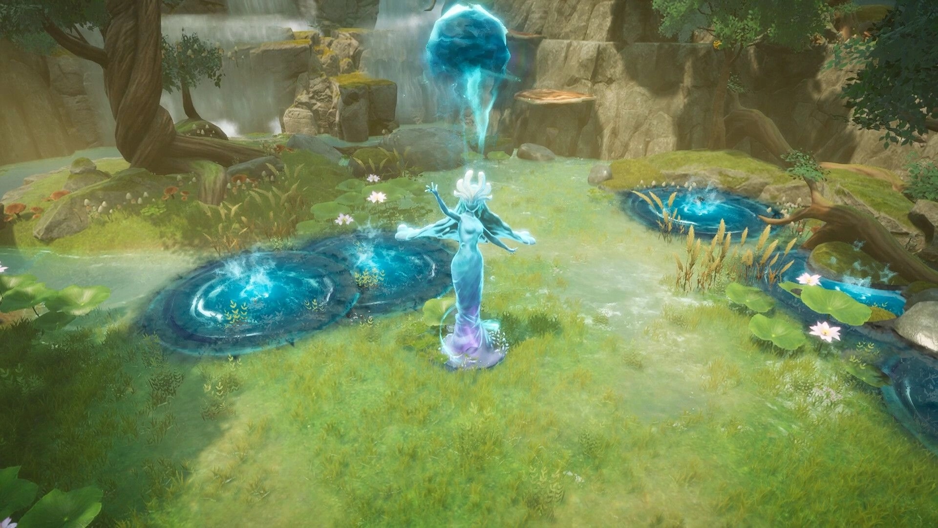 Never Wither: Glowing spirit-like creature stands by swirling pools in a lush clearing with waterfall cliffs.