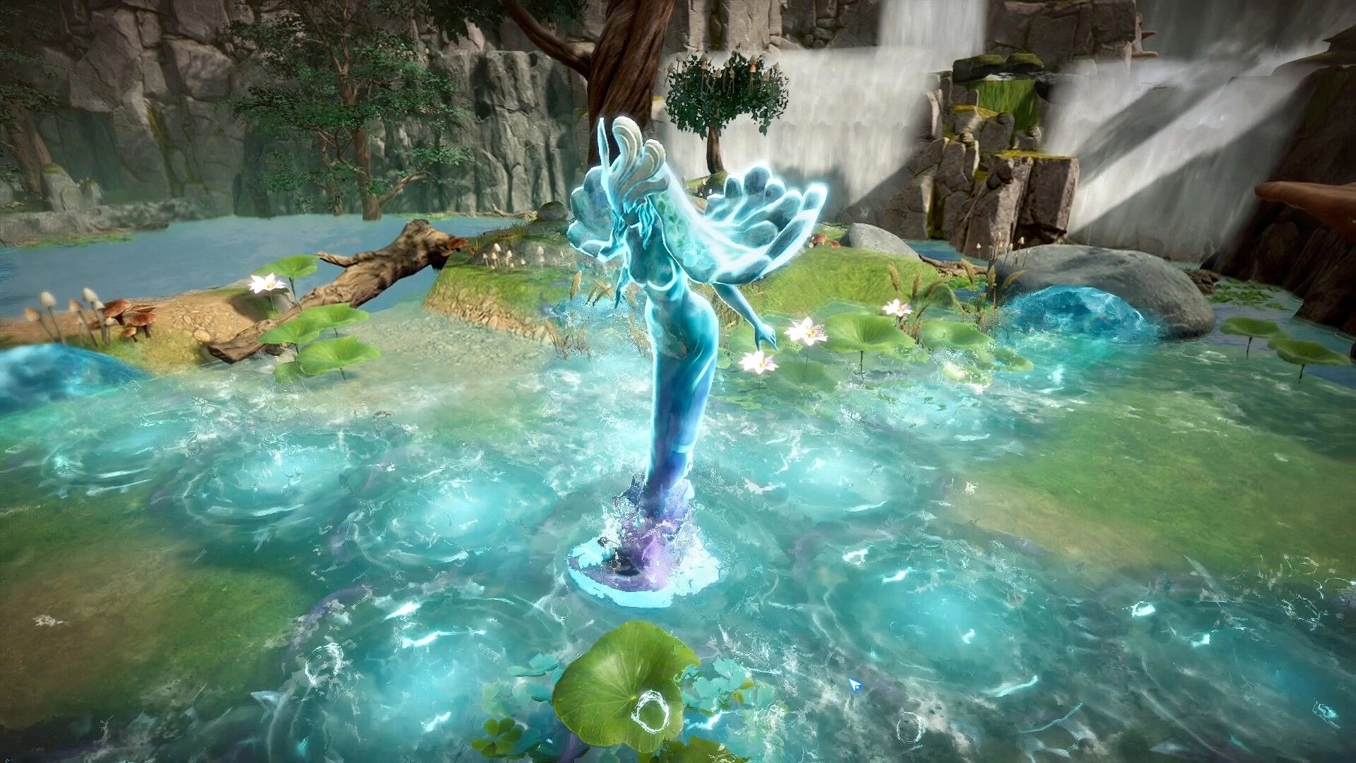 Never Wither: Glowing water spirit rising from pond with lily pads near rocky cliffs and waterfall.