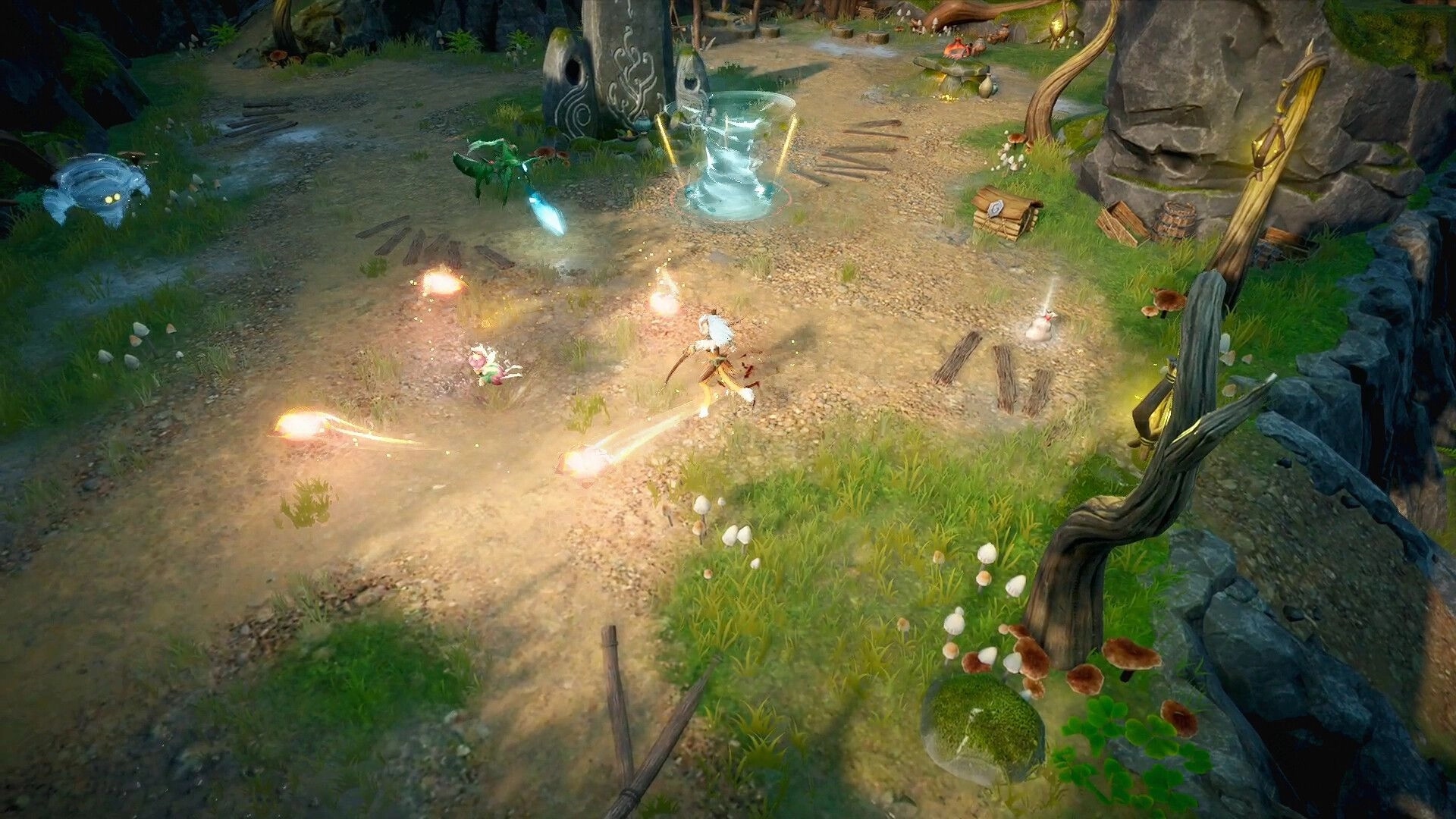 Never Wither: Player fires glowing projectiles at small creatures on a forest path with swirl portal.