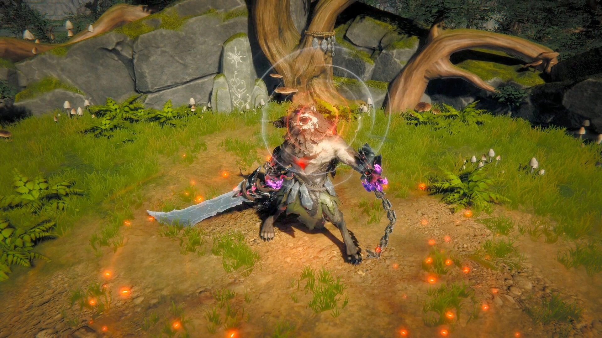 Never Wither: Wolf-like warrior with sword and chain weapon glowing purple in grassy forest clearing.