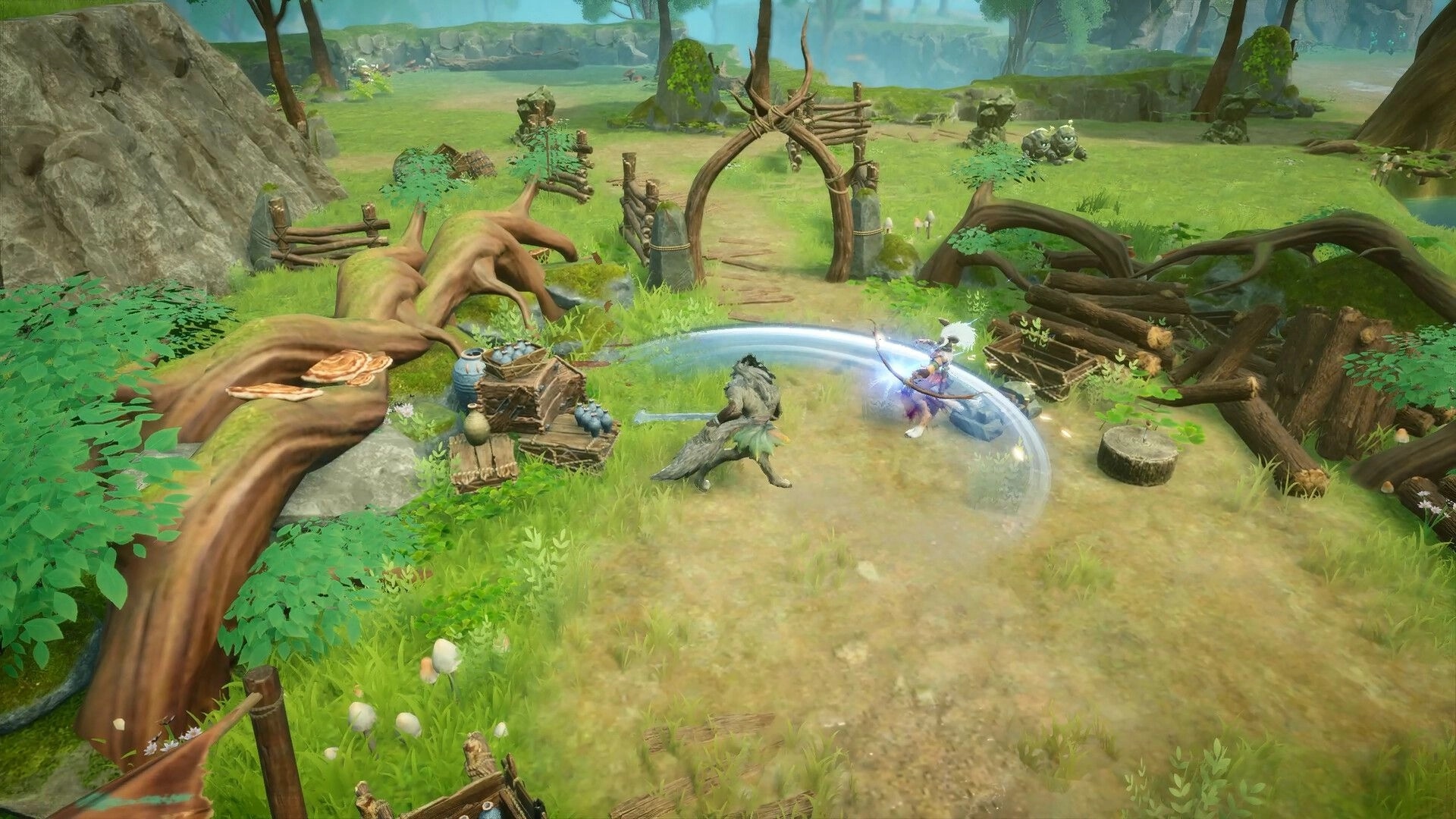 Never Wither: Wolf-like creature battles a spear fighter in a grassy camp with crates and logs.