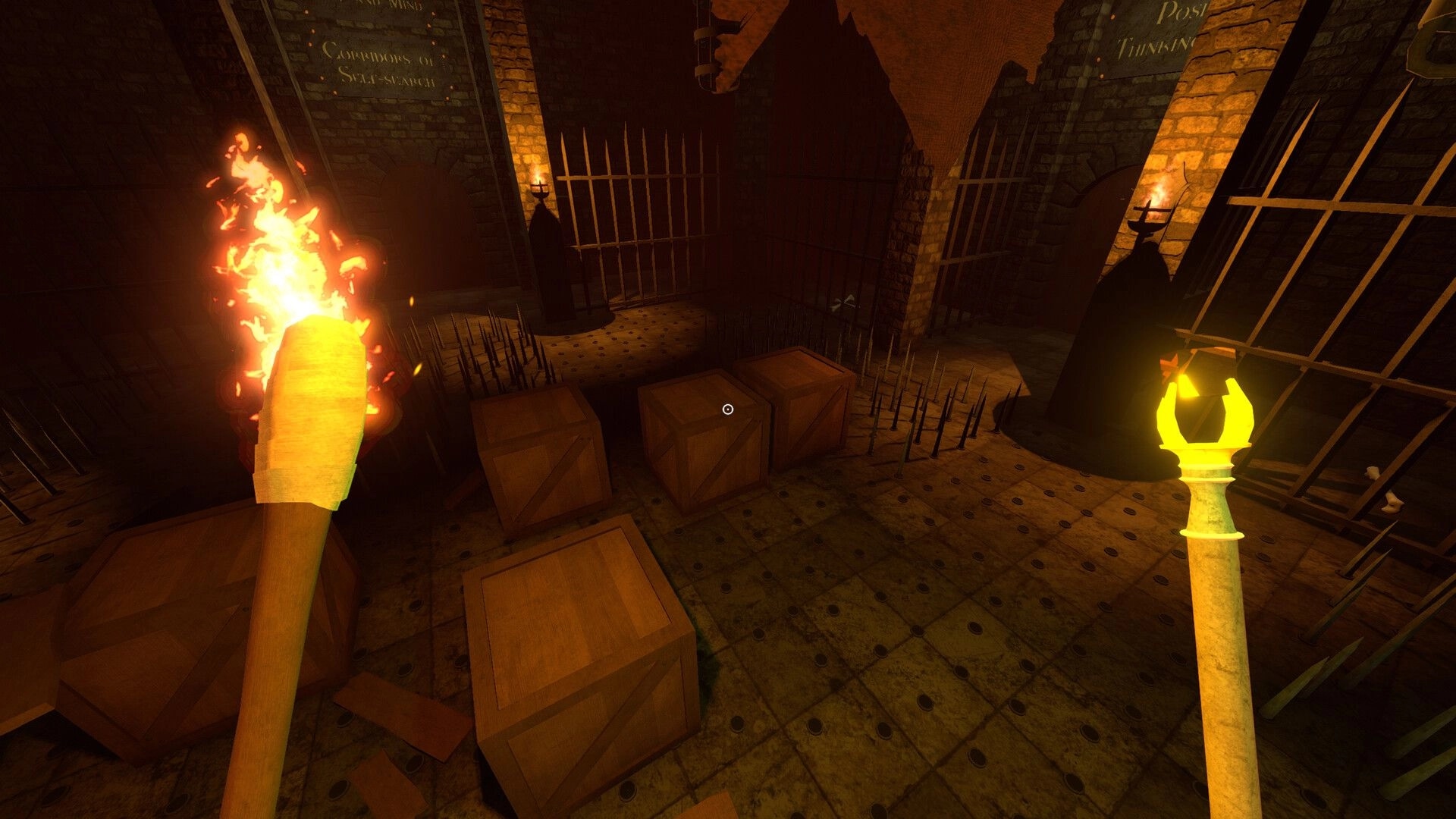 Neverlooted Dungeon: Player holds a burning torch navigating a dark, trap-filled room with wooden crates.