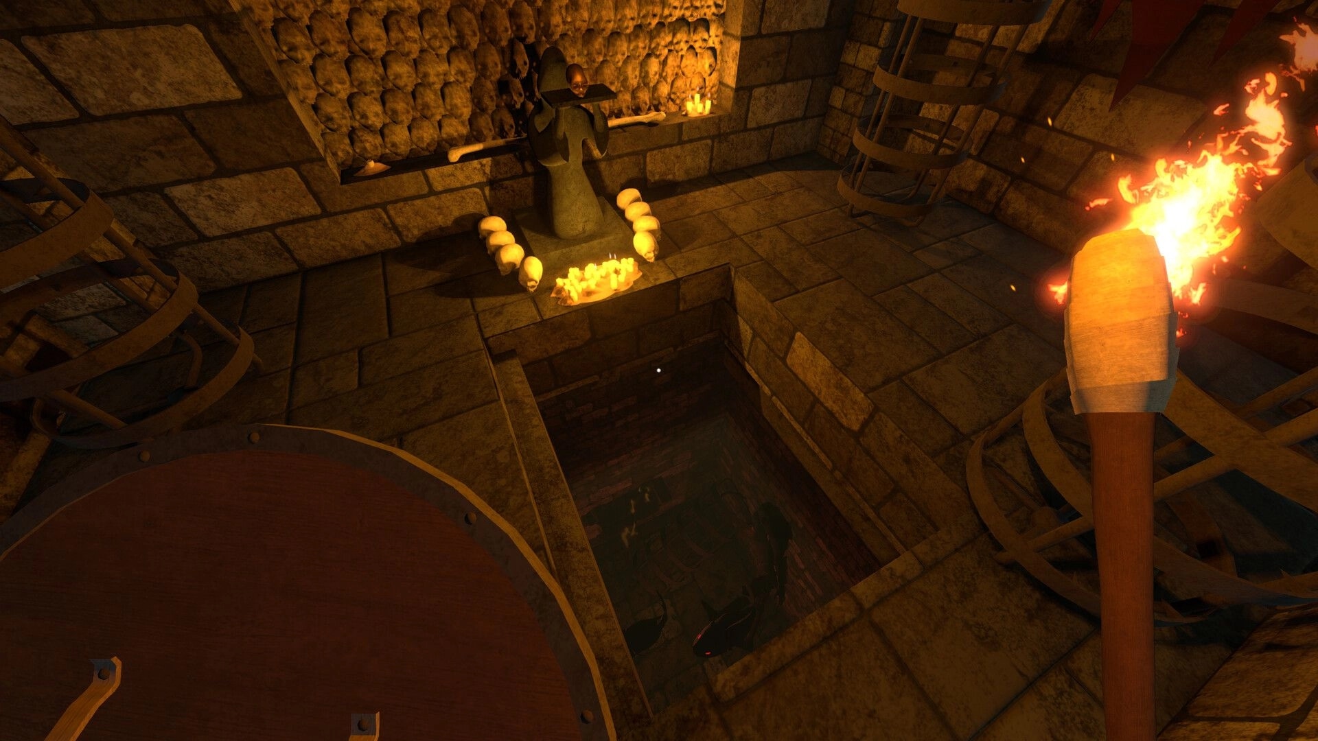 Neverlooted Dungeon: Player holding torch near pit with skull altar and walls lined with bones