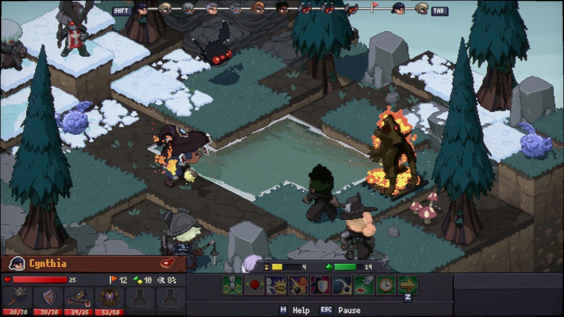 Never’s End: Cynthia and allies face a flaming tree monster on a snowy forest grid battlefield UI.
