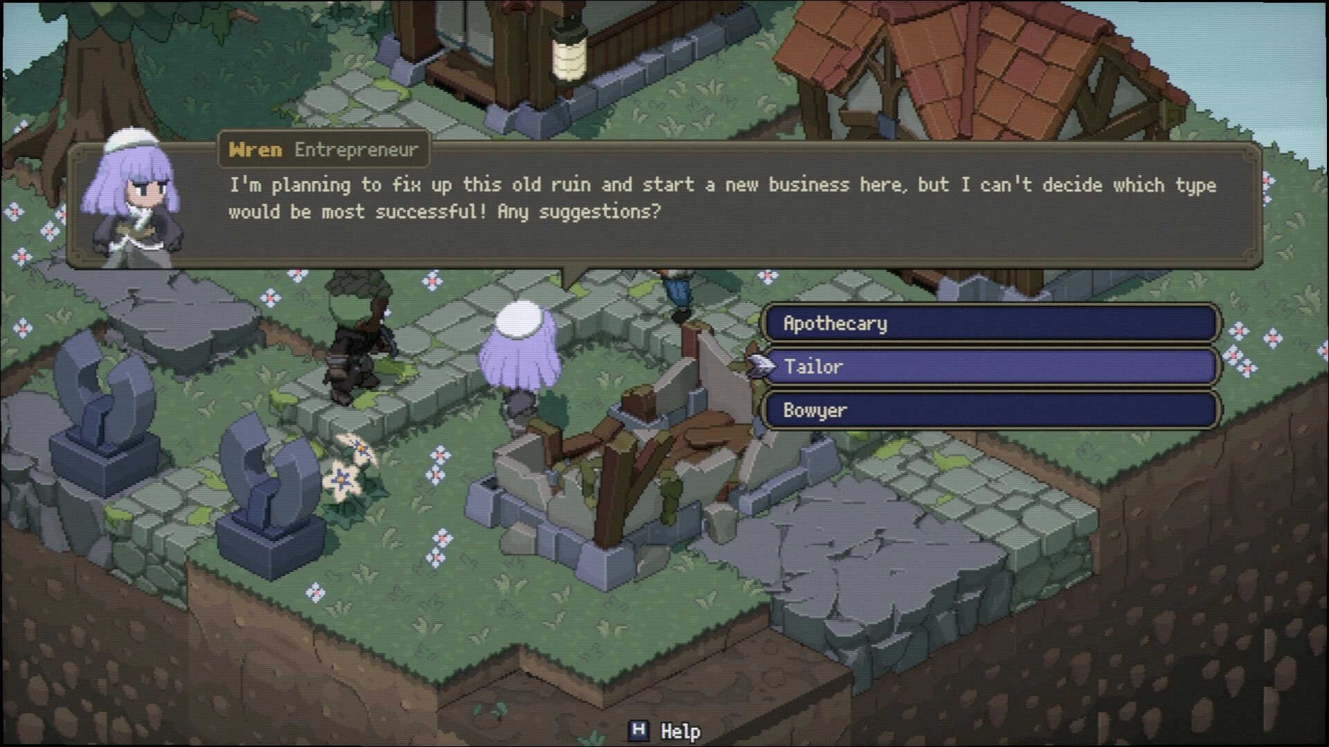 Never’s End: Dialogue with Wren choosing Apothecary, Tailor, or Bowyer in a ruined village square.