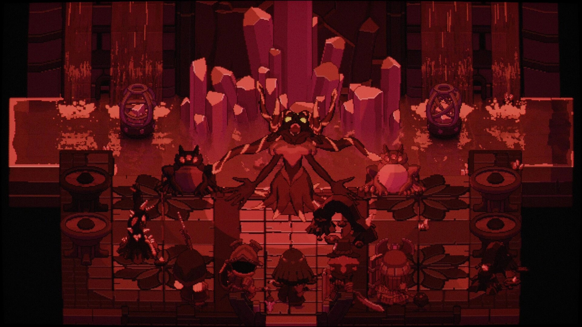 Never’s End: Party faces a horned boss on a grid battlefield in a red-lit crystal cavern chamber.