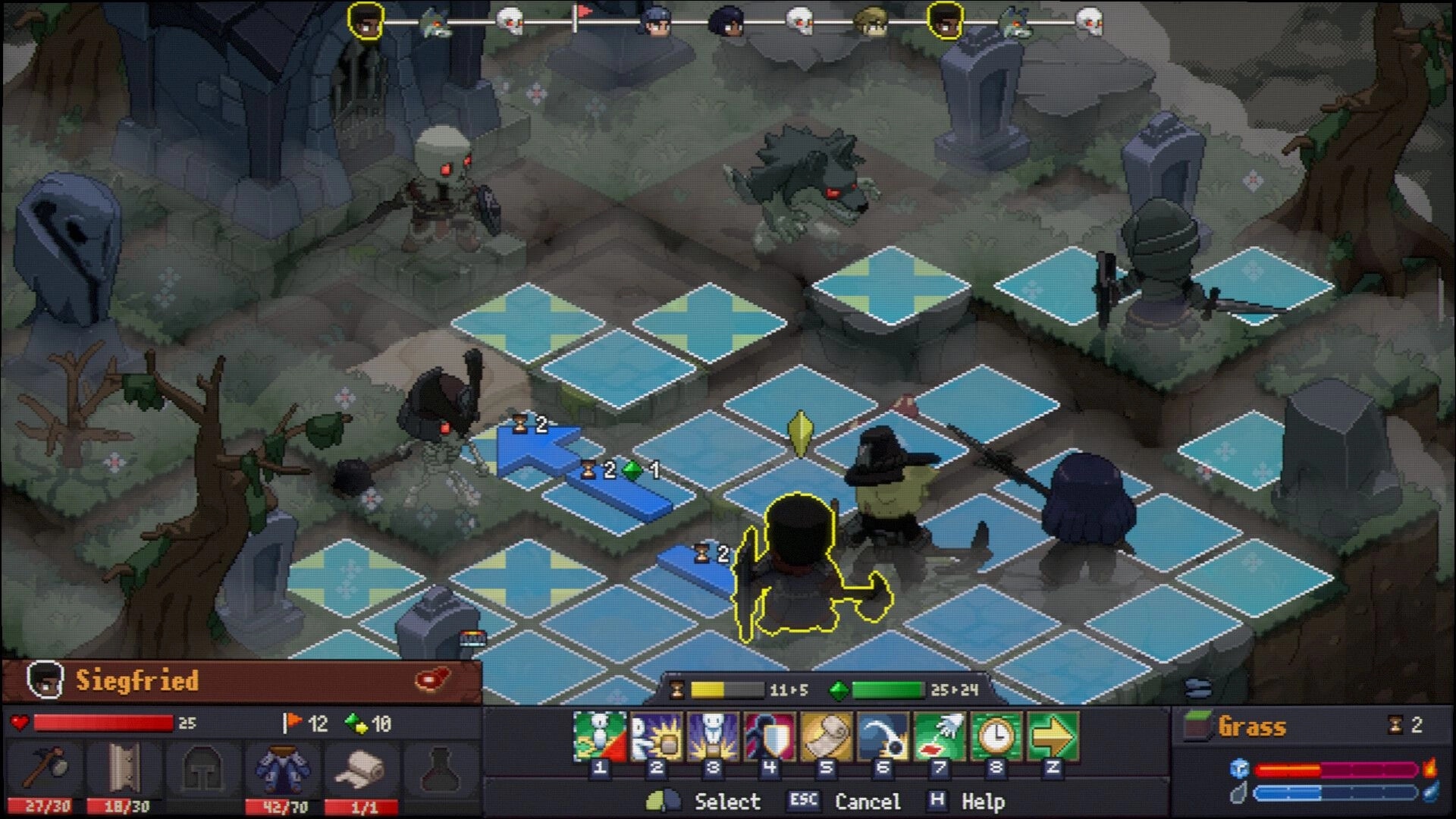 Never’s End: Siegfried’s move preview on a grid battlefield amid graveyard ruins and monsters.