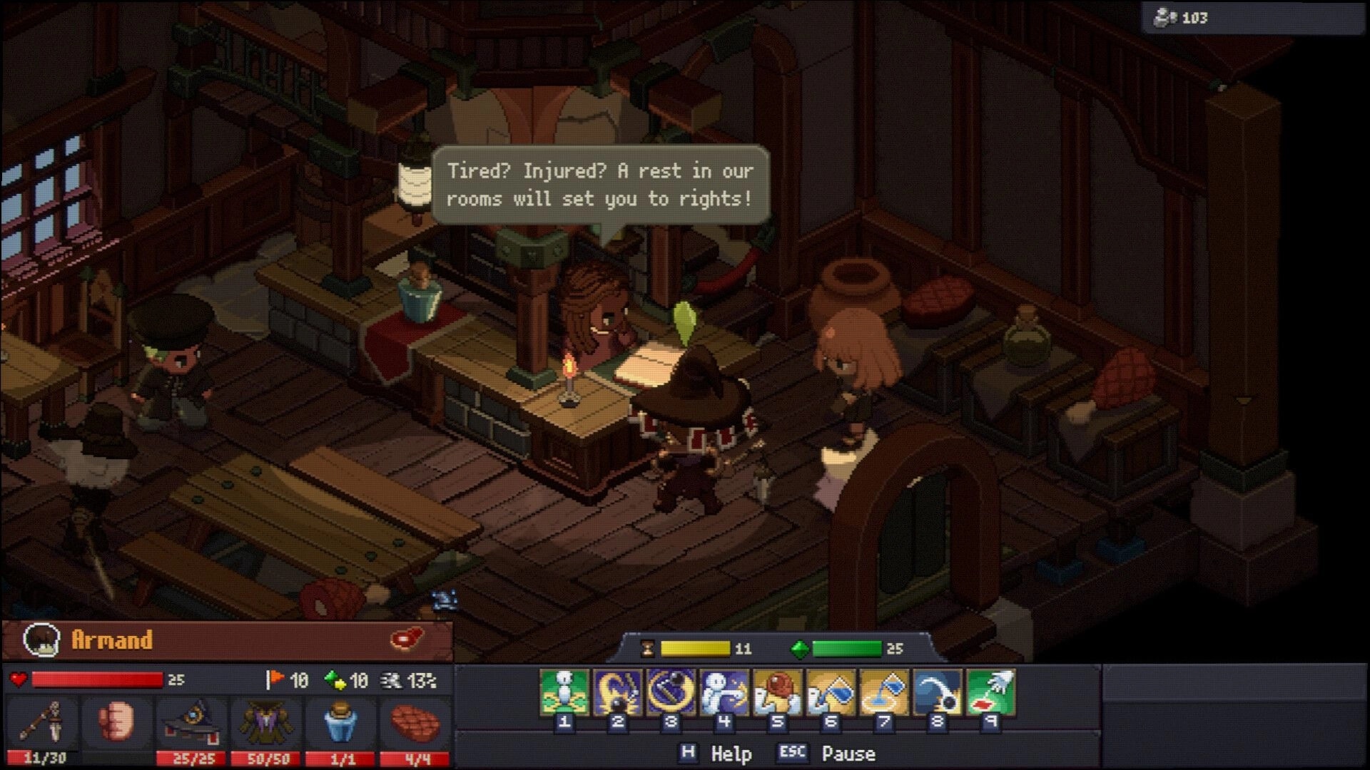 Never’s End: Armand talks to an innkeeper at the counter, hotbar UI visible in a cozy tavern.