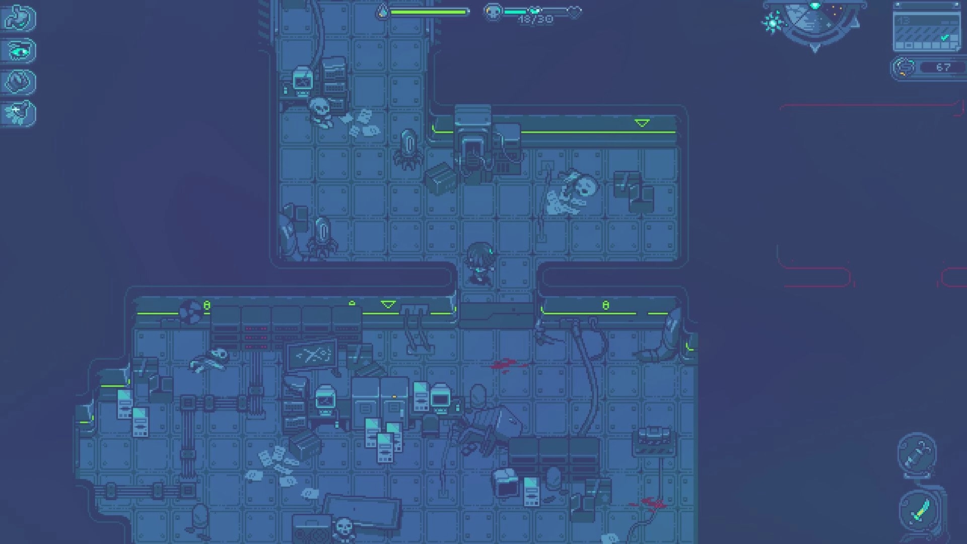 Neverway: Player character explores a dim sci-fi lab corridor with loot, blood stains, and HUD bars.