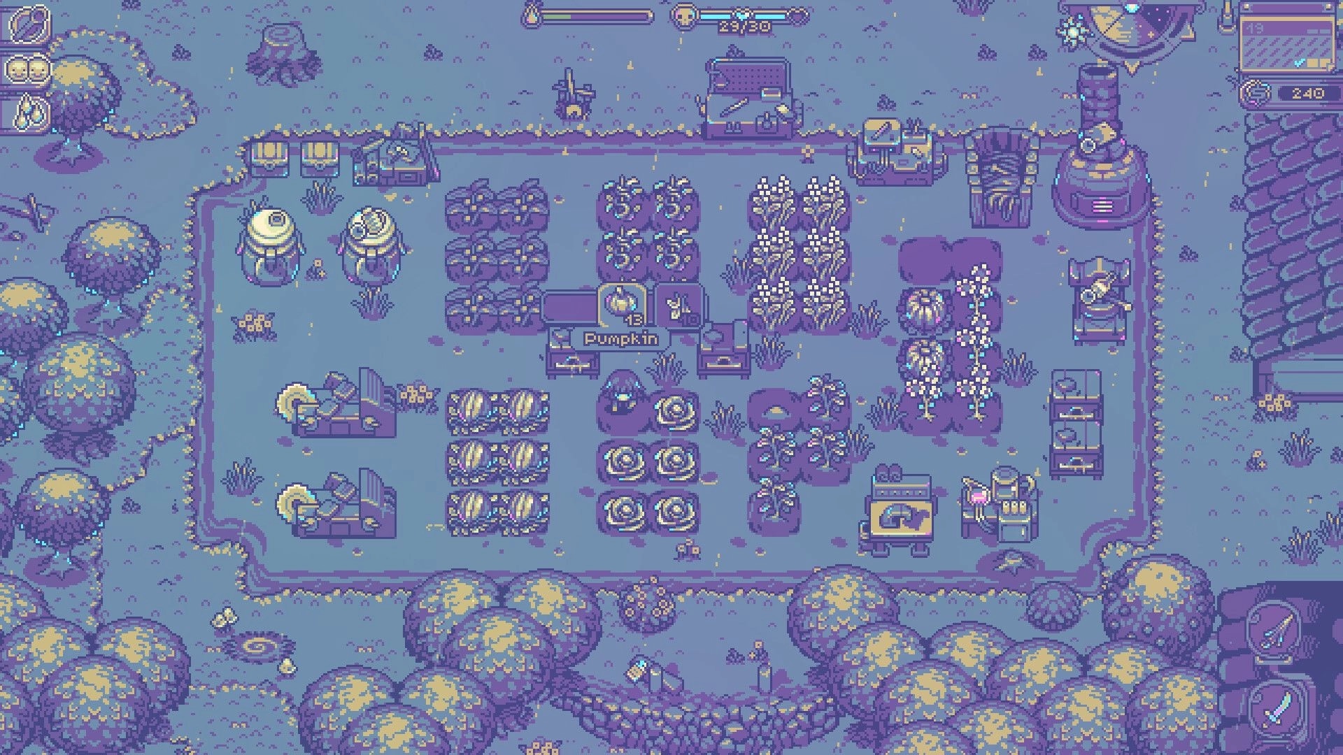 Neverway: Farm overview with crop plots, machines, and pumpkin crate UI in a fenced night field.