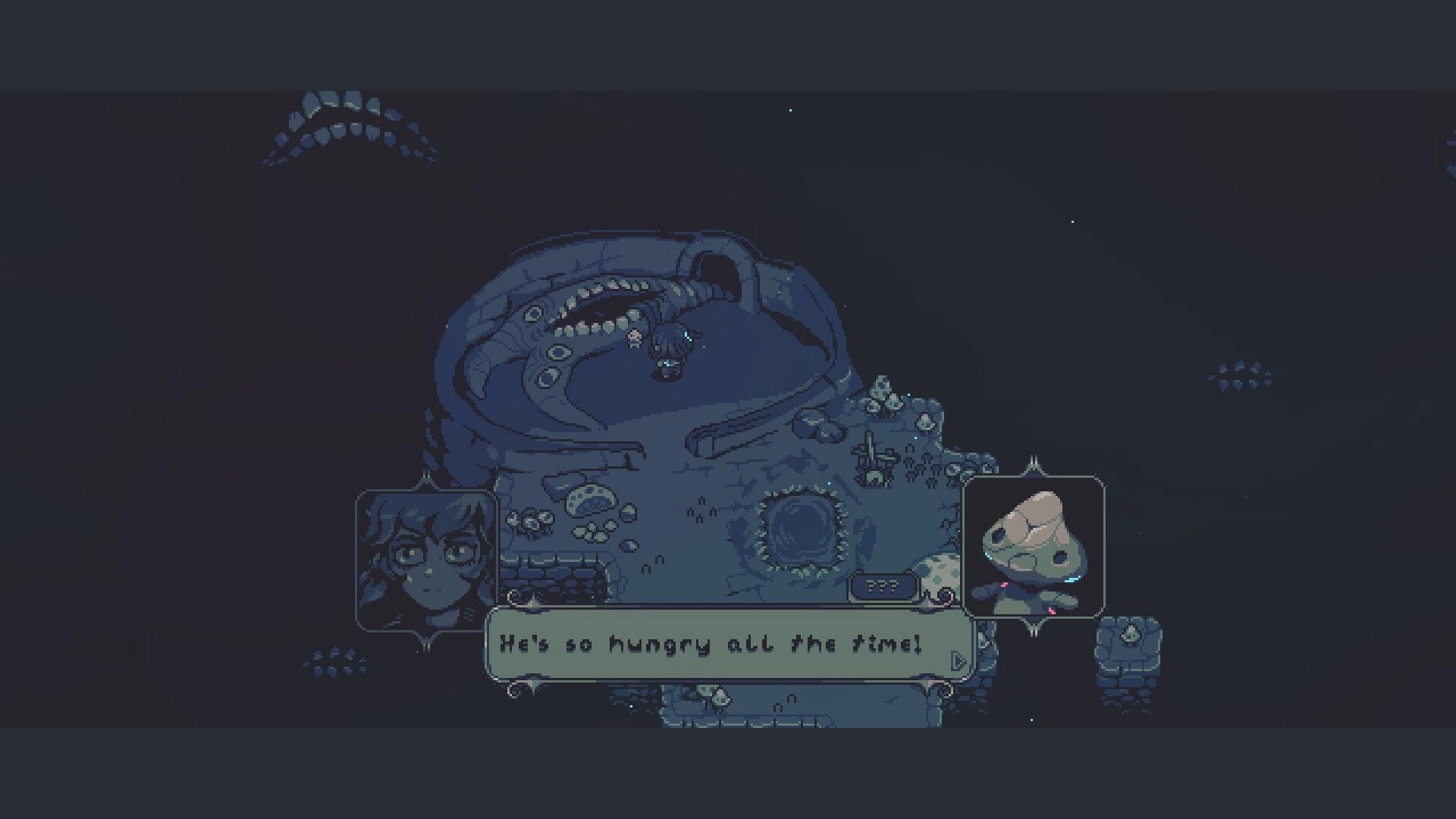 Neverway: Dialogue scene by a giant monster mouth on a moonlit ruin platform, portraits and text box.