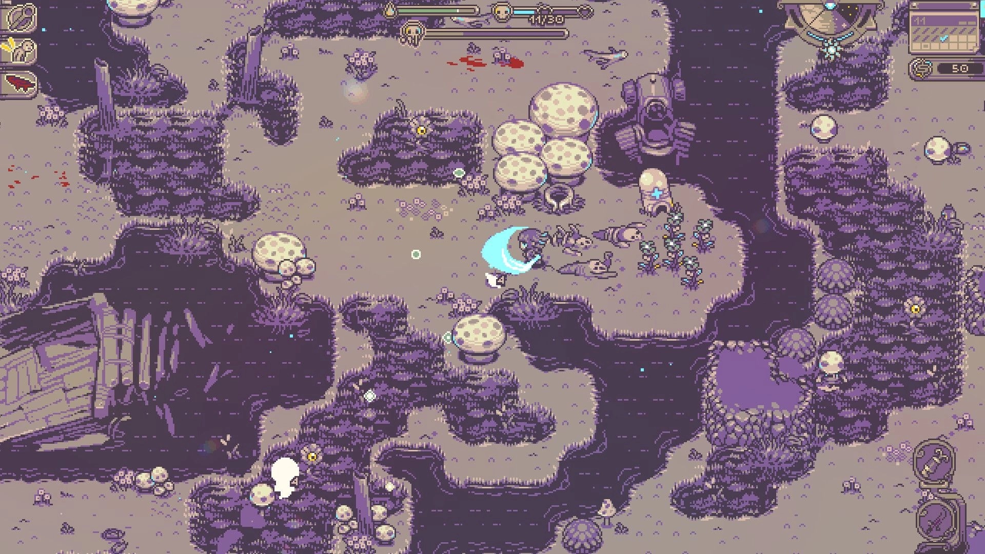 Neverway: Player swings sword at clustered enemies in a mushroom swamp, with health bars and minimap UI.