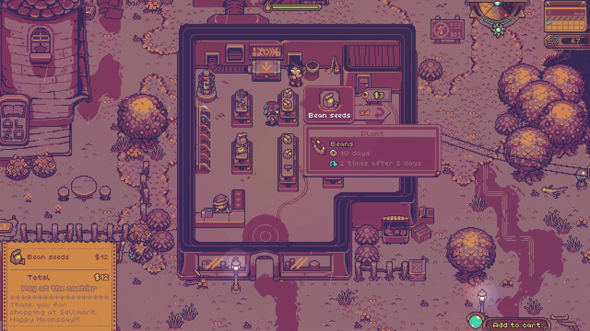 Neverway: Buying bean seeds in a shop menu inside a small store, with inventory and cart UI open.
