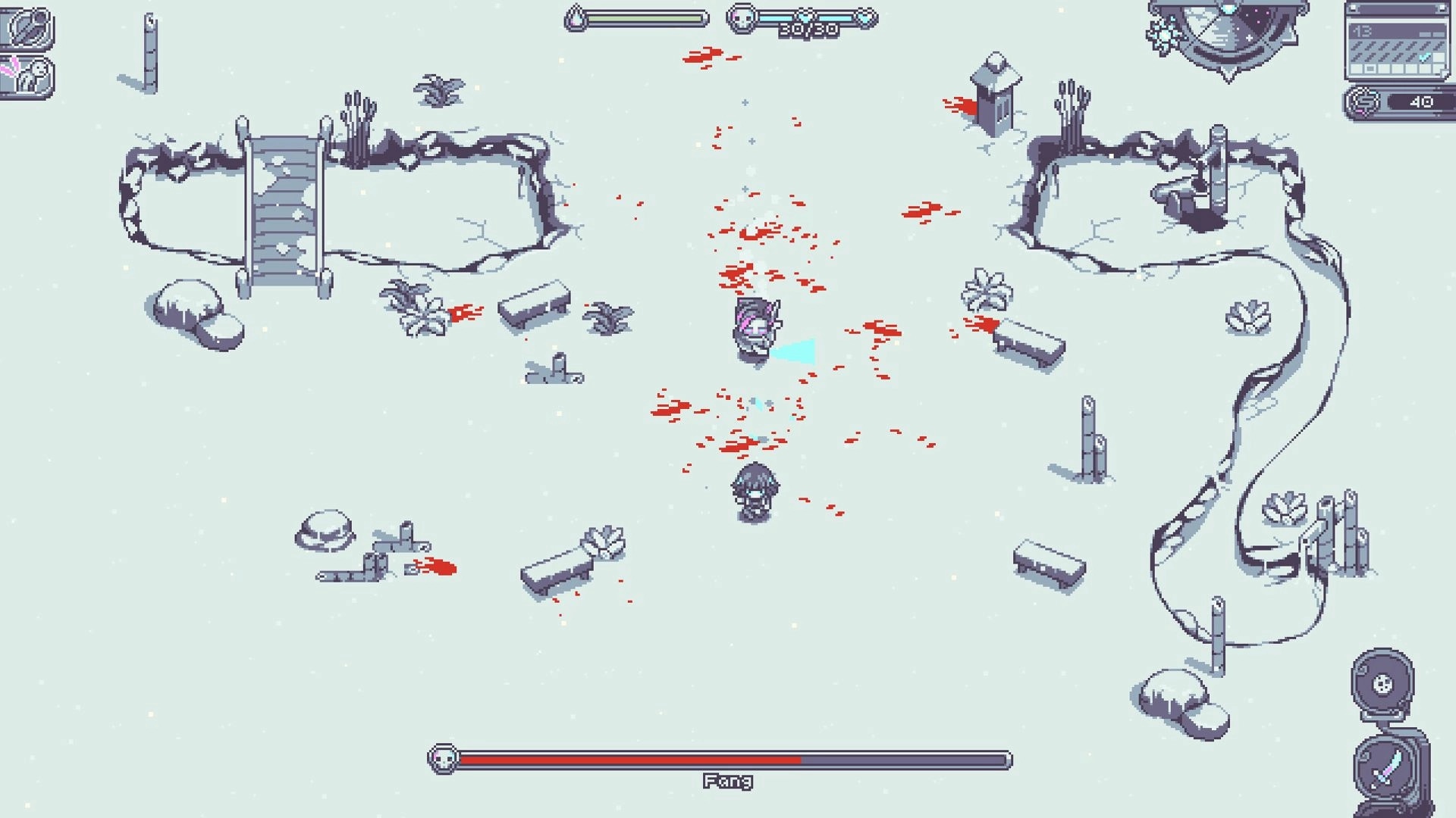 Neverway: Player faces a dark enemy amid bloodstains in a snowy ruin, Fang boss bar and HUD visible.