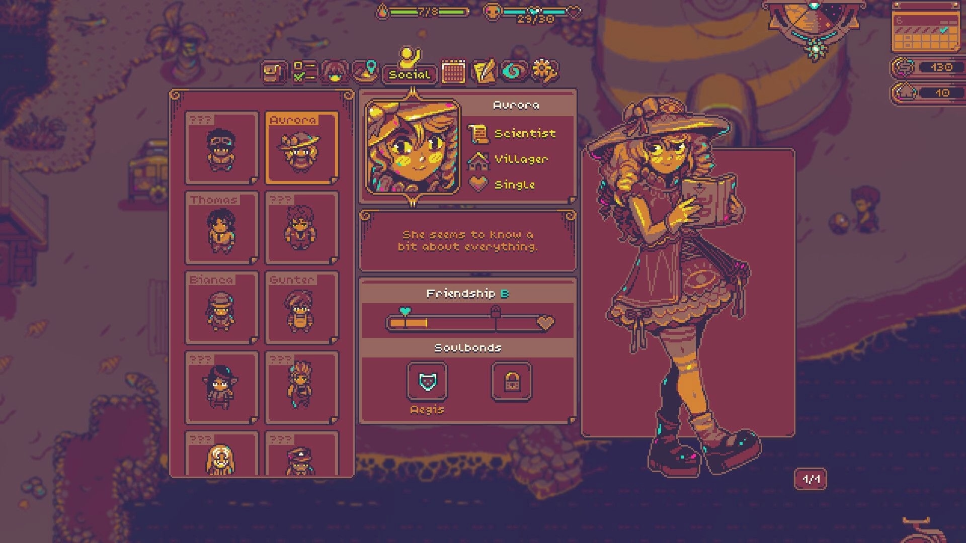Neverway: Social menu open on Aurora profile with friendship bar over a village path background.
