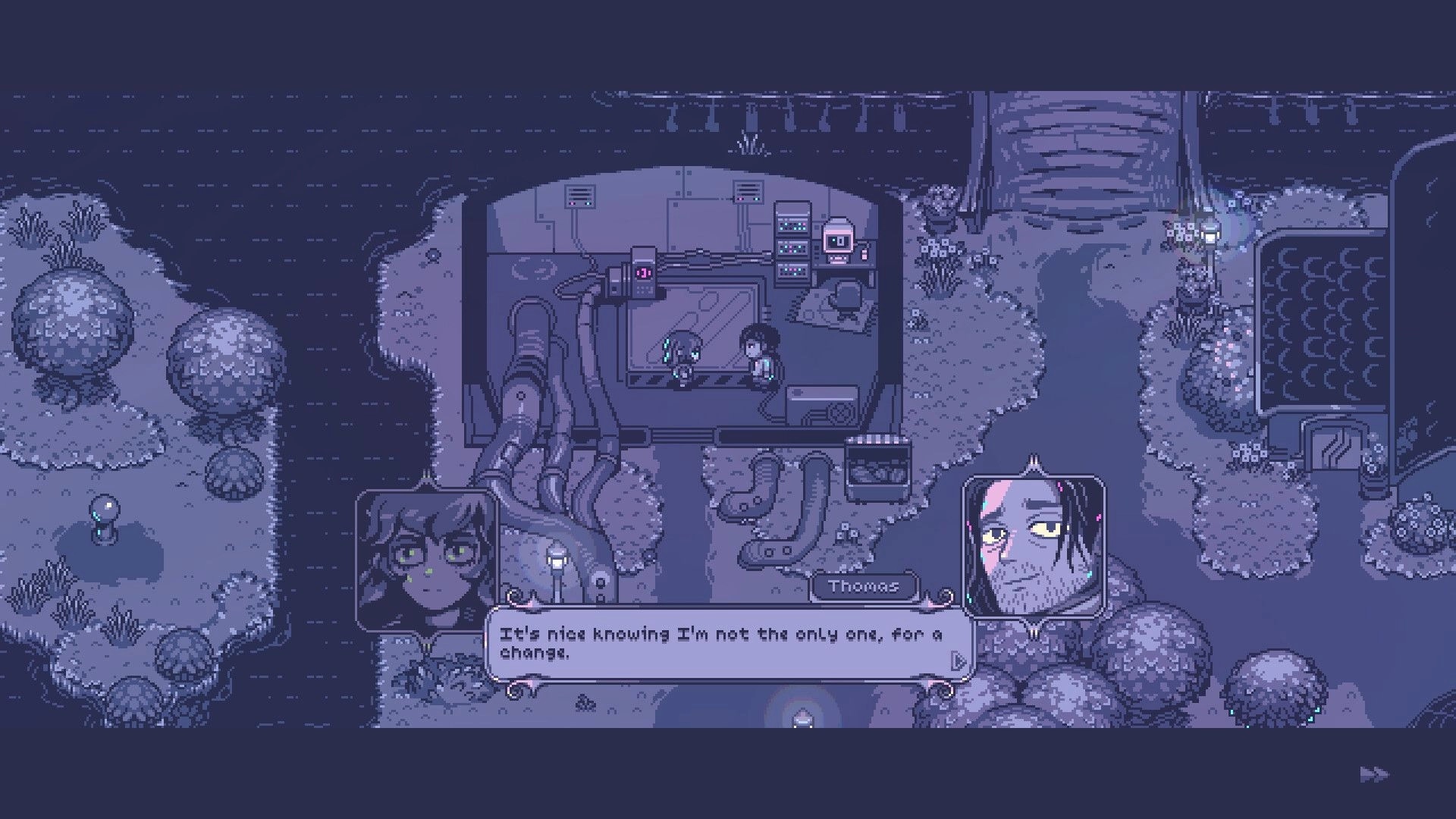Neverway: Dialogue with Thomas beside a wired bunker console at night in a forested clearing.