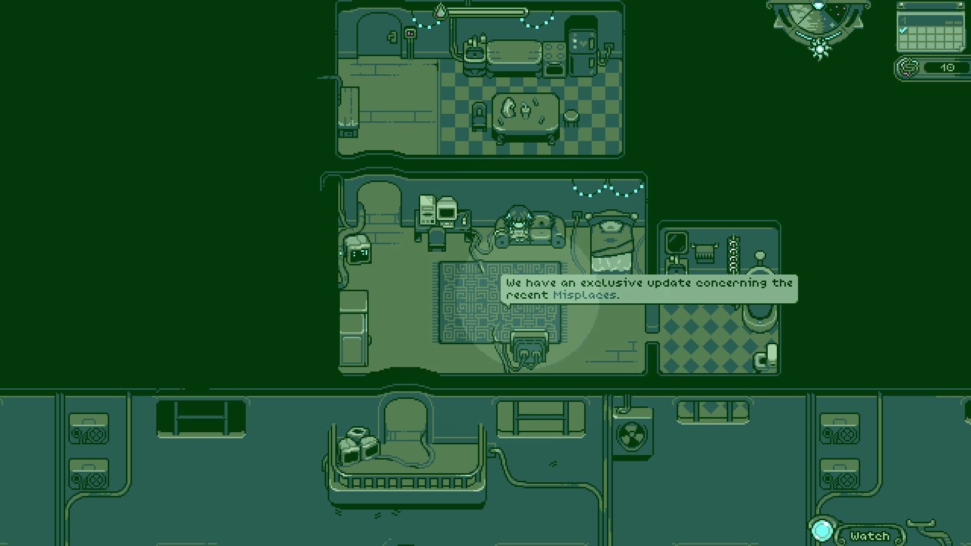 Neverway: Fiona watches TV dialogue in a small apartment room with minimap, calendar, and watch UI.