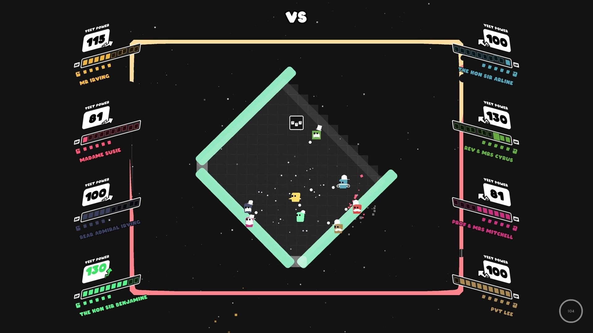 Nice To Yeet You: Characters battle in a diamond arena with yeet power scores displayed on the sides.
