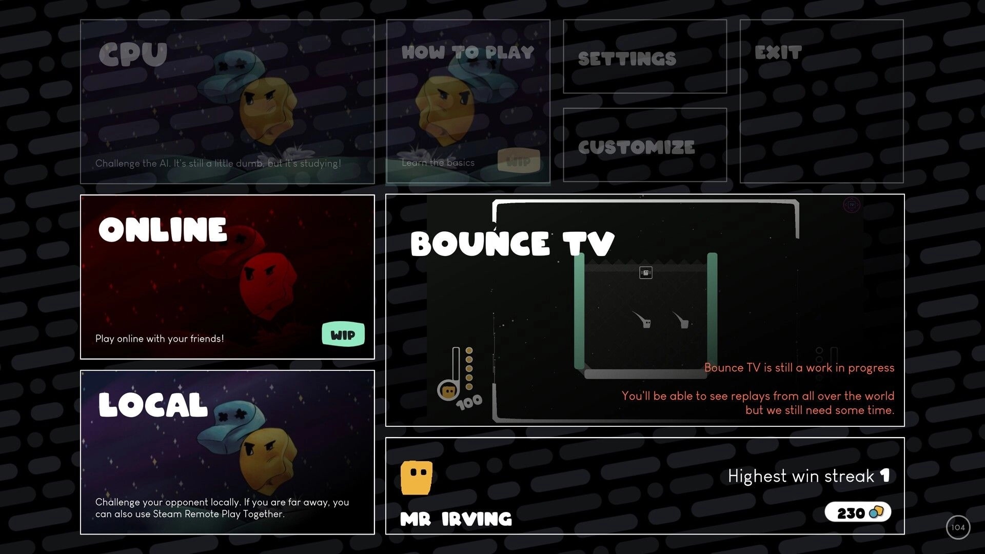 Nice To Yeet You: Main menu with options for online, local play, how to play, settings, and Bounce TV.