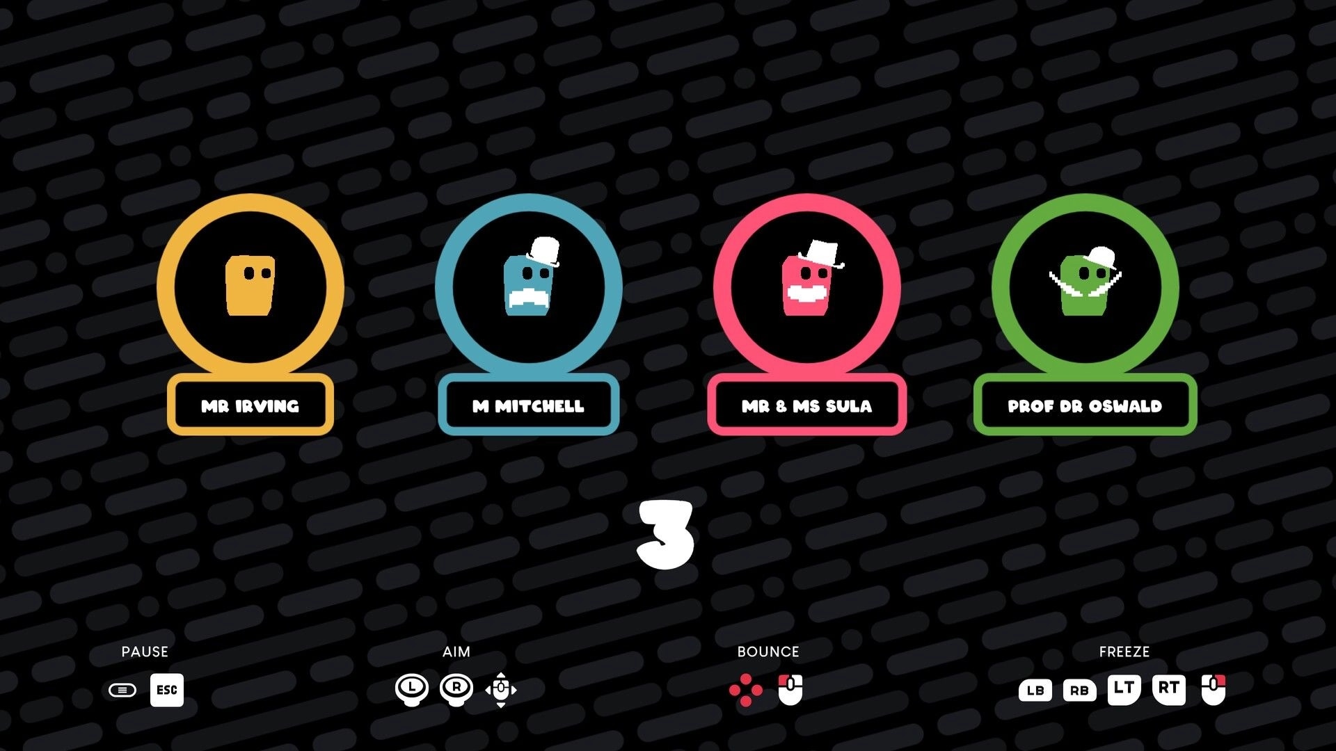 Nice To Yeet You: Character selection screen with Mr. Irving, M Mitchell, Mr & Ms Sula, Prof Dr Oswald