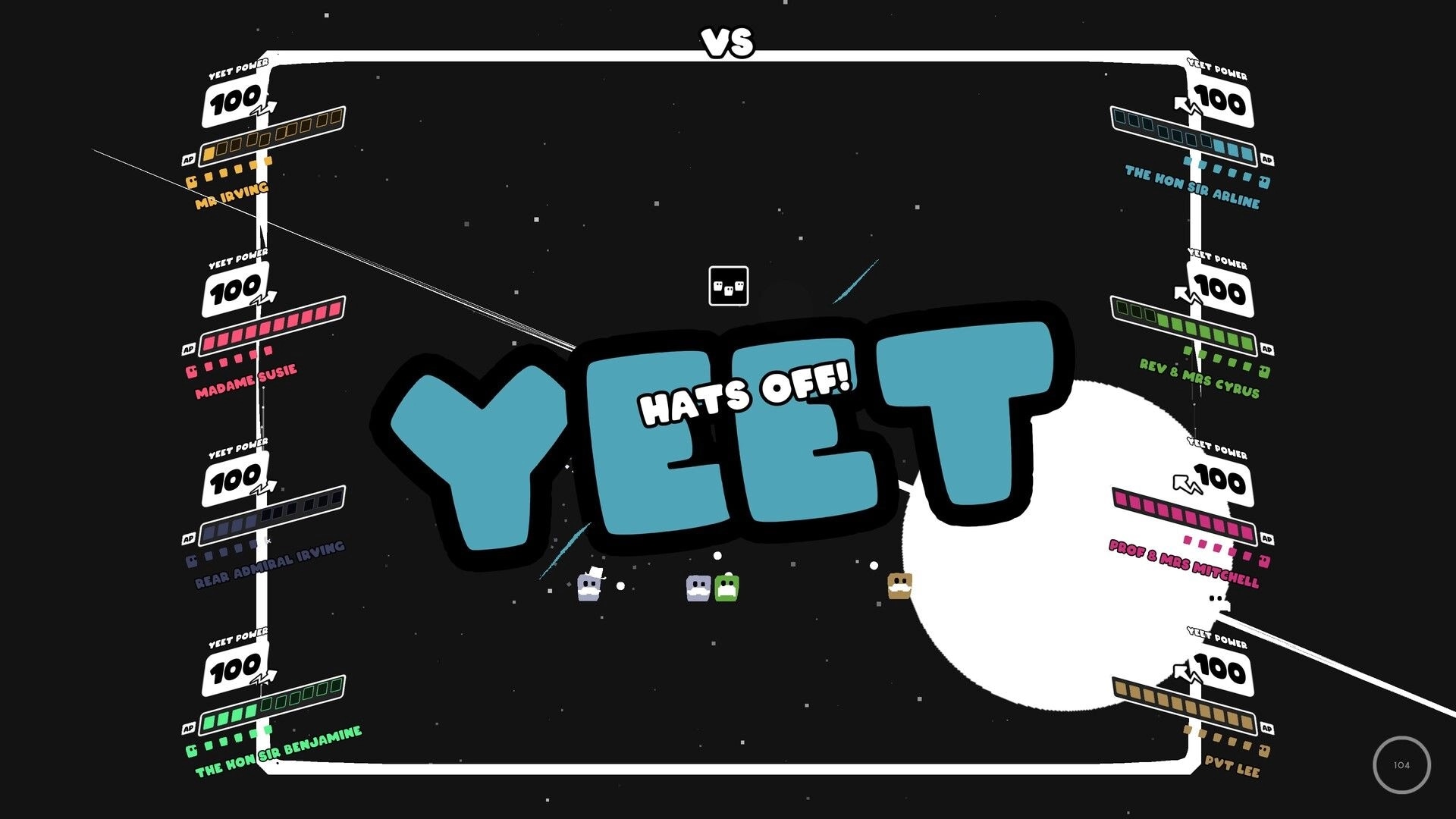 Nice To Yeet You: Multiplayer score display with character names and yeet power in space-themed arena